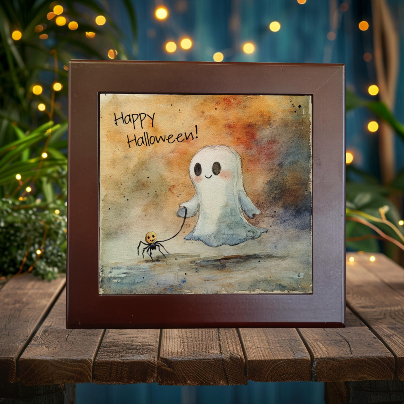 Adorable Ghost & Spider Porcelain Tile - Whimsical Halloween Decor