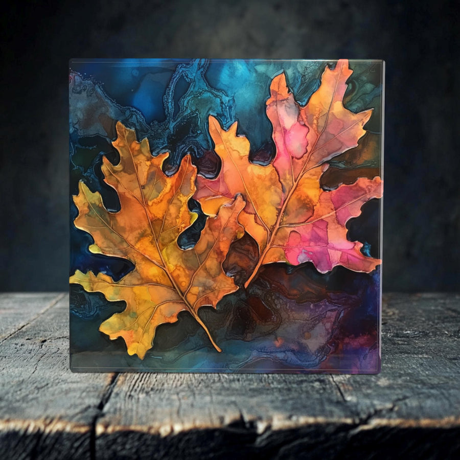 Colorful Oak Leaves Porcelain Tile Art - Bold Autumn Decor for Your Home