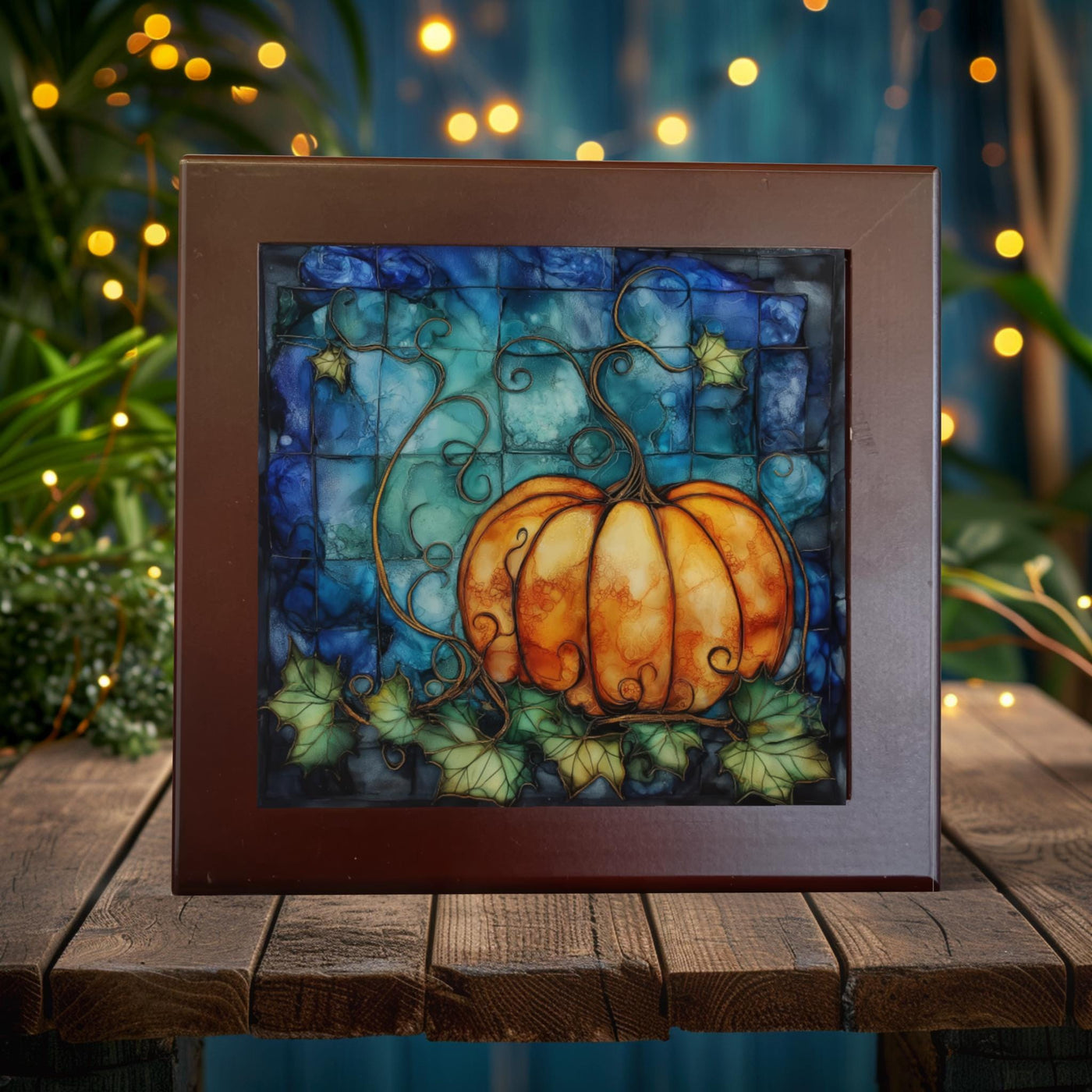 Art Nouveau Pumpkin Magic: Stained Glass-Inspired Porcelain Tile Art for Fall Decor