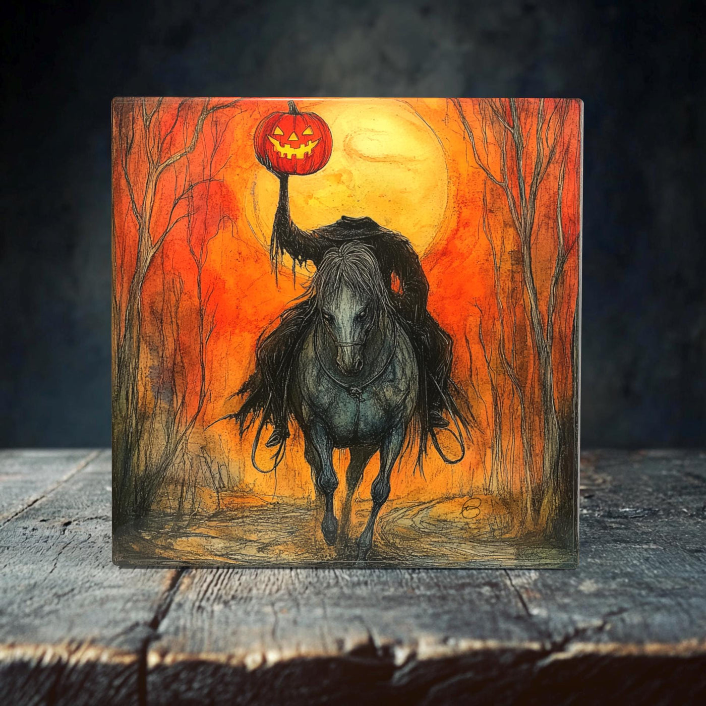 Haunting Headless Horseman Porcelain Tile - Halloween Nightmare Decor