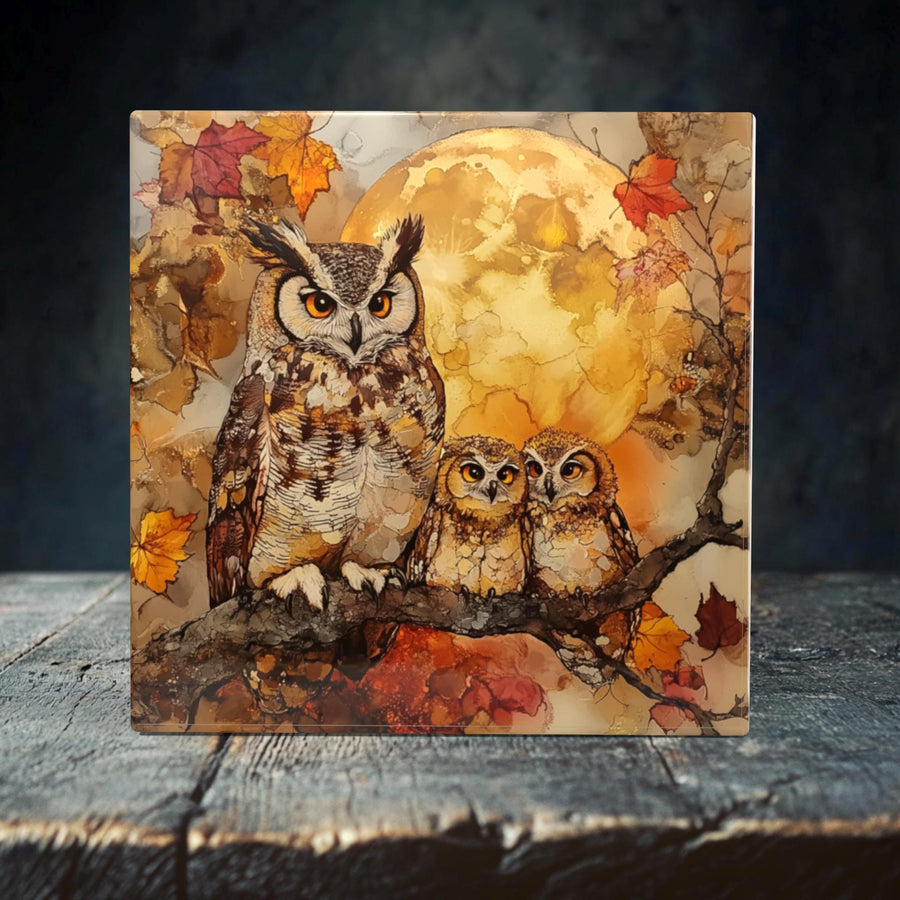 Majestic Owls Porcelain Tile Art - Autumn Moonlit Scene for Nature Lovers