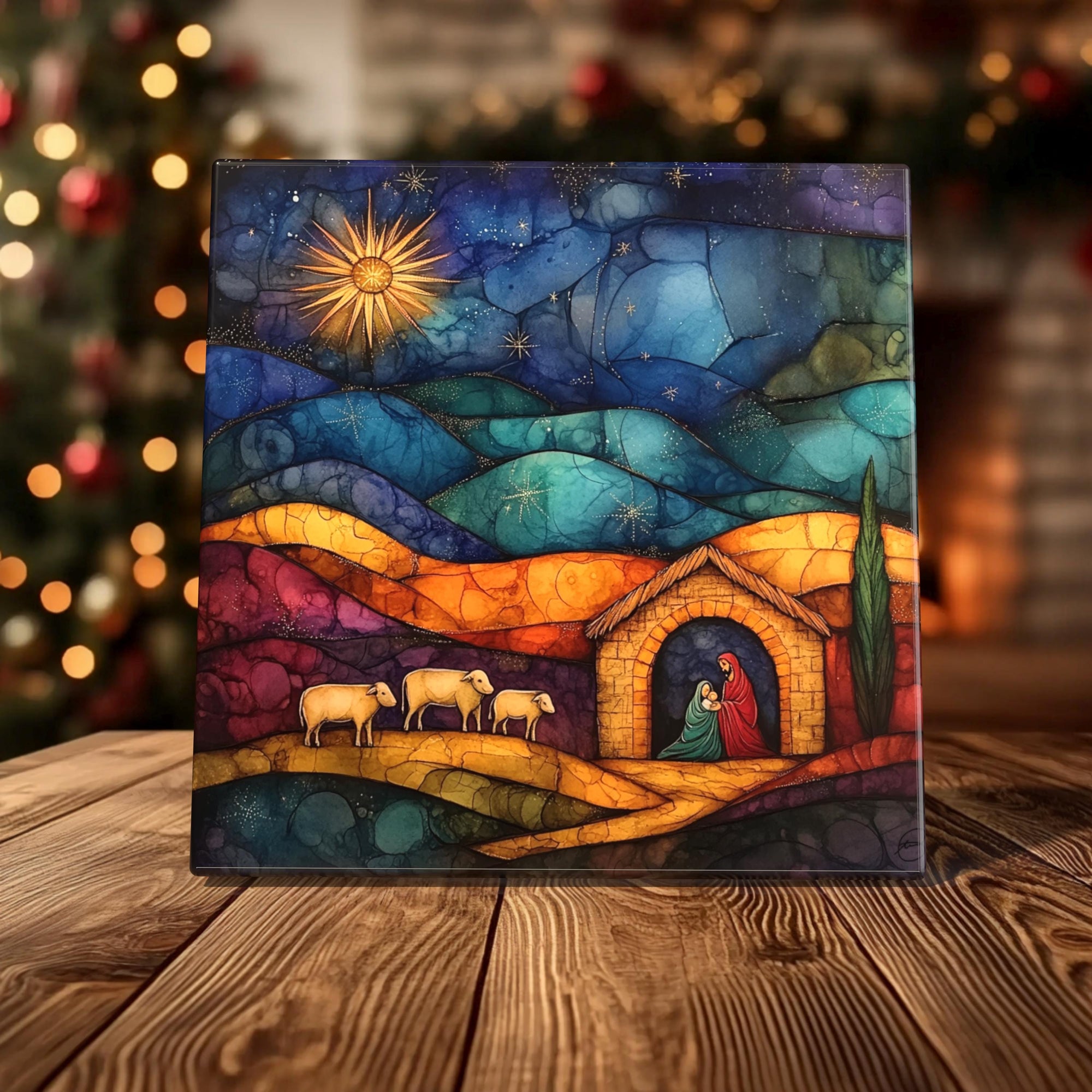 Starry Night Nativity Porcelain Tile - Inspiring Christmas Scene for Holiday Decor