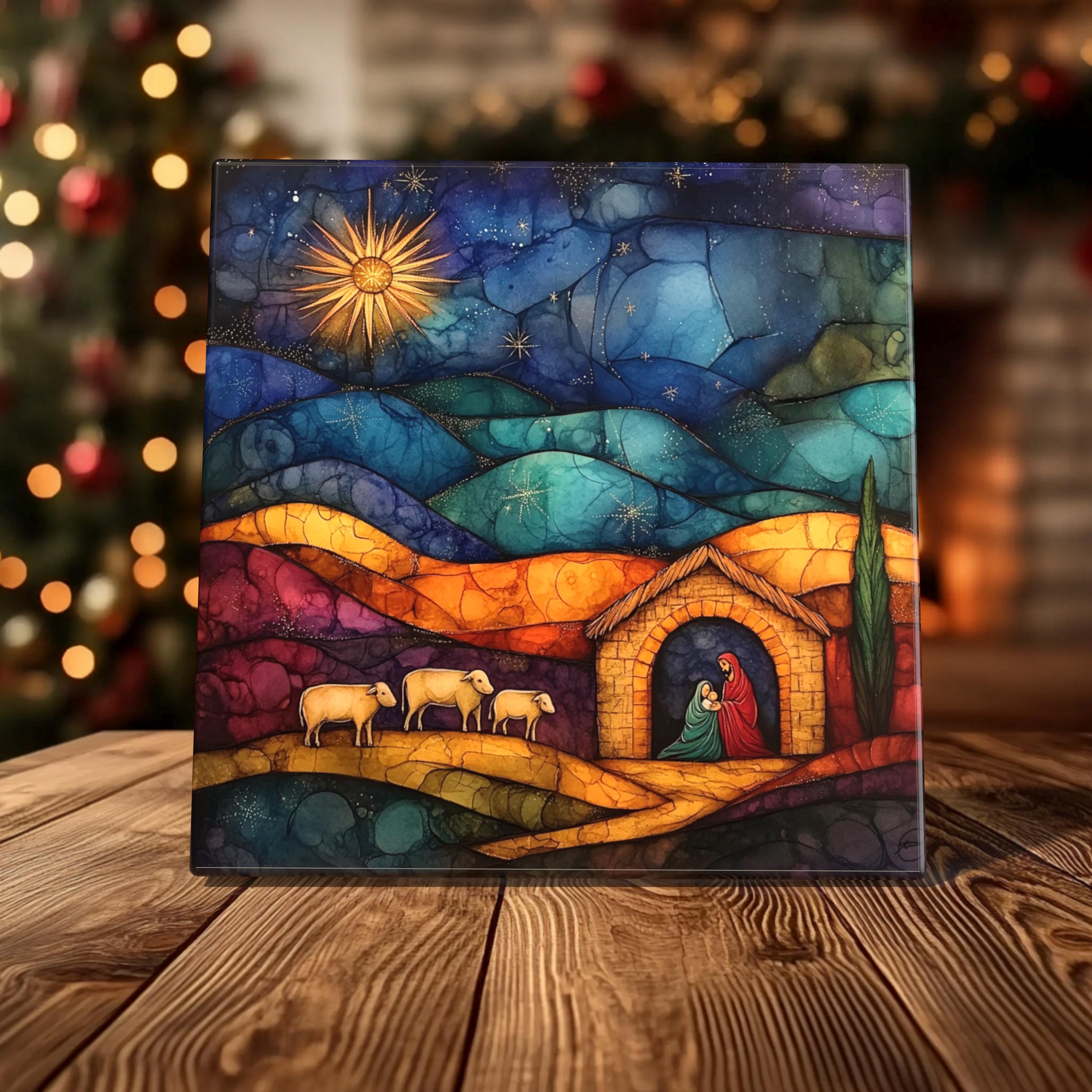 Starry Night Nativity Porcelain Tile - Inspiring Christmas Scene for Holiday Decor