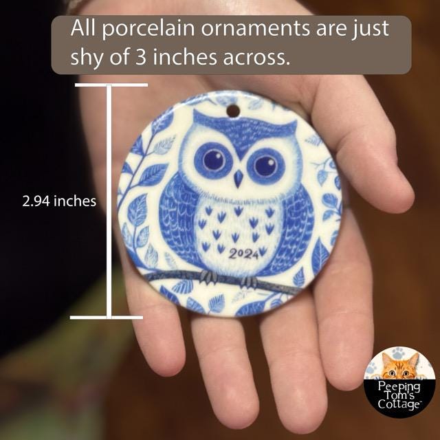 Charming Owl Porcelain Christmas Ornament - Double-Sided Heirloom Quality Art -- Scandinavian Style