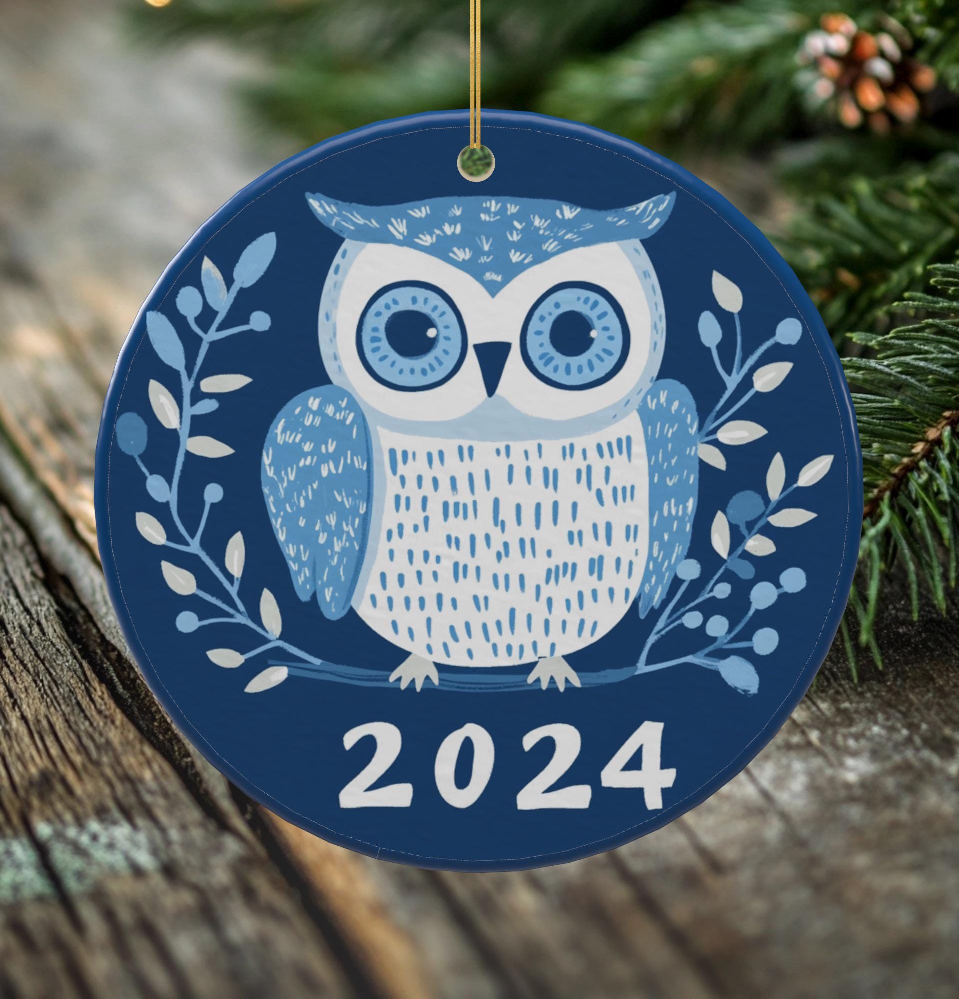 2024 Owl Porcelain Christmas Ornament - Double-Sided Holiday Keepsake with Original Art -- Scandinavian Style