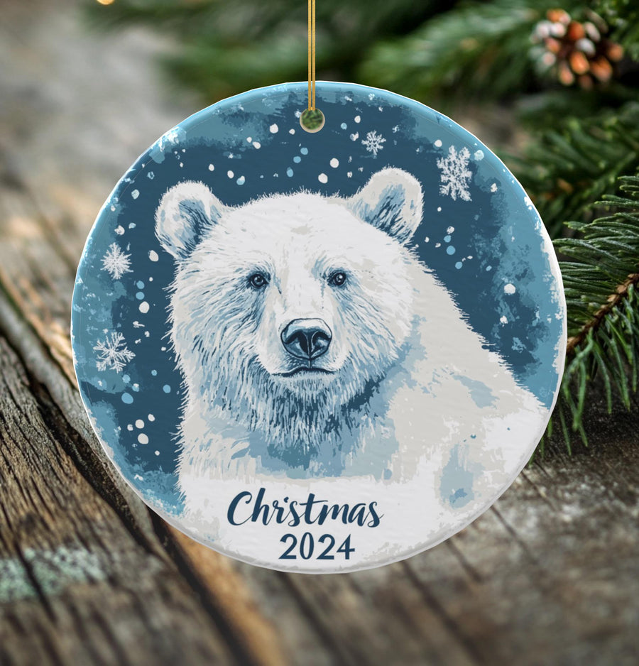 2024 Grizzly Bear Porcelain Christmas Ornament - Double-Sided Holiday Keepsake with Original Art -- Scandinavian Style