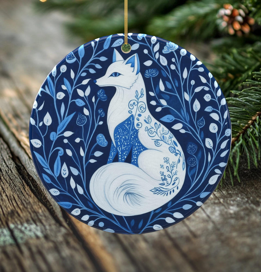 Whimsical Fox Porcelain Christmas Ornament - Double-Sided Nature-Inspired Keepsake -- Scandinavian Style