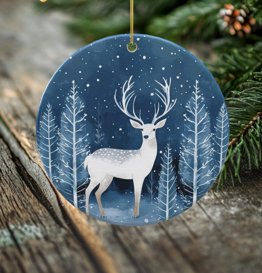 Snowy Stag Porcelain Christmas Ornament - Double-Sided Winter Wonderland Keepsake -- Scandinavian Style