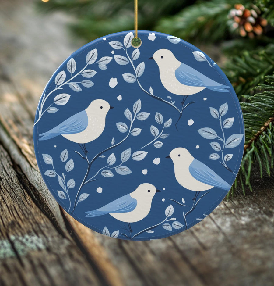 Winter Birds Porcelain Christmas Ornament - Double-Sided Woodland Keepsake -- Scandinavian Style