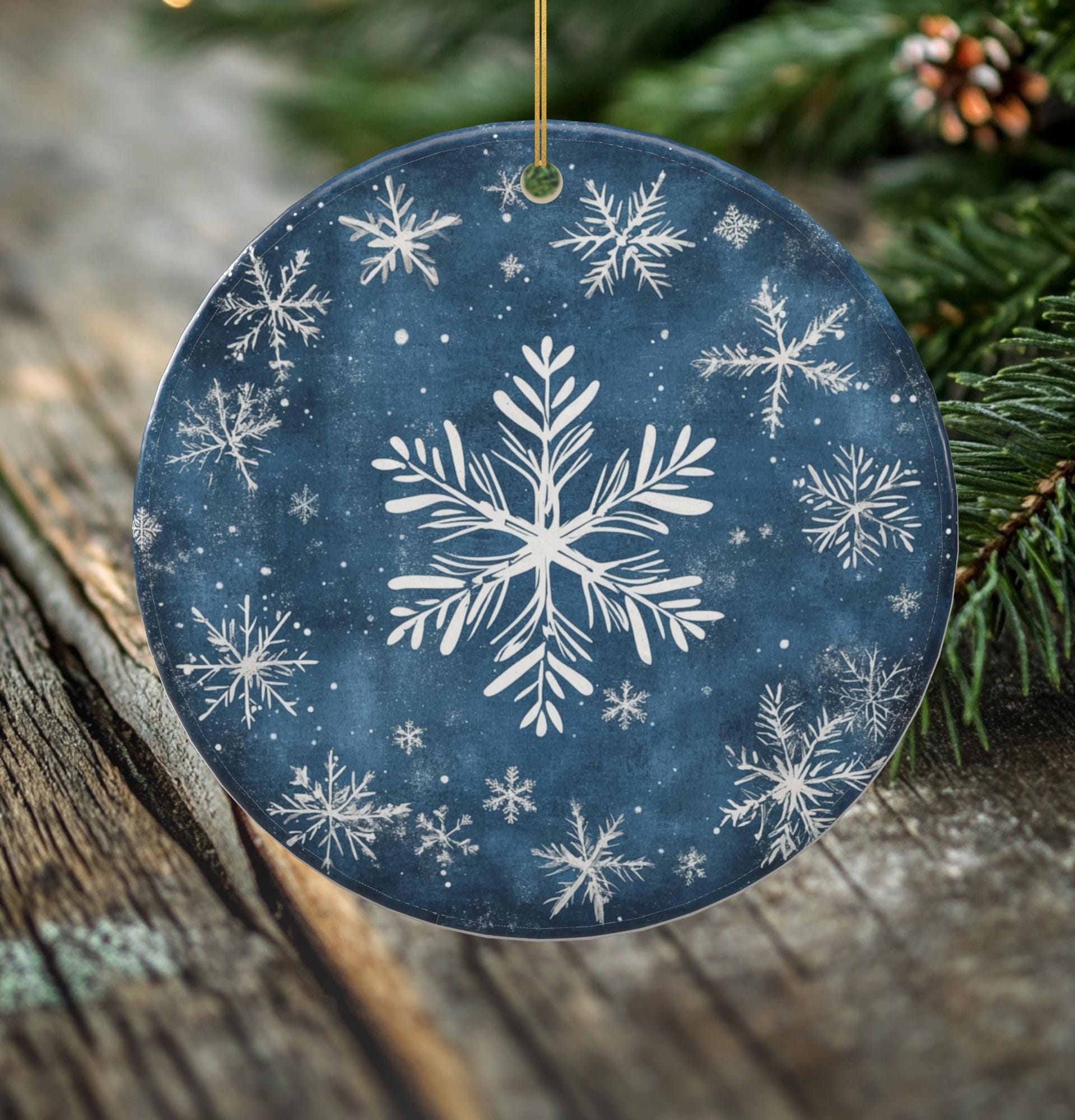 Snowflake Porcelain Christmas Ornament - Double-Sided Winter Wonderland Keepsake -- Scandinavian Style