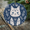 Festive Cat Porcelain Christmas Ornament - Double-Sided Whimsical Keepsake -- Scandinavian Style