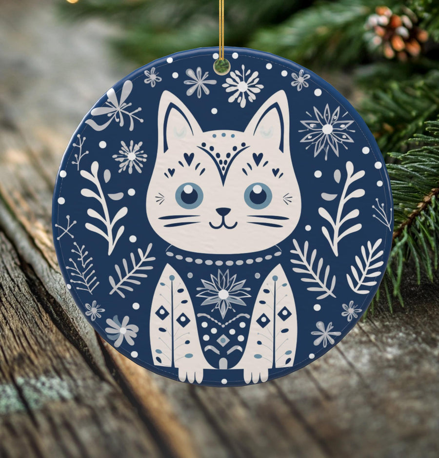 Festive Cat Porcelain Christmas Ornament - Double-Sided Whimsical Keepsake -- Scandinavian Style