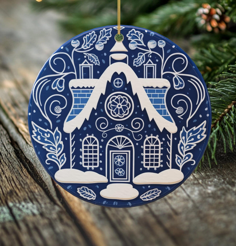 Cozy Cottage Porcelain Christmas Ornament - Double-Sided Holiday Keepsake -- Scandinavian Style