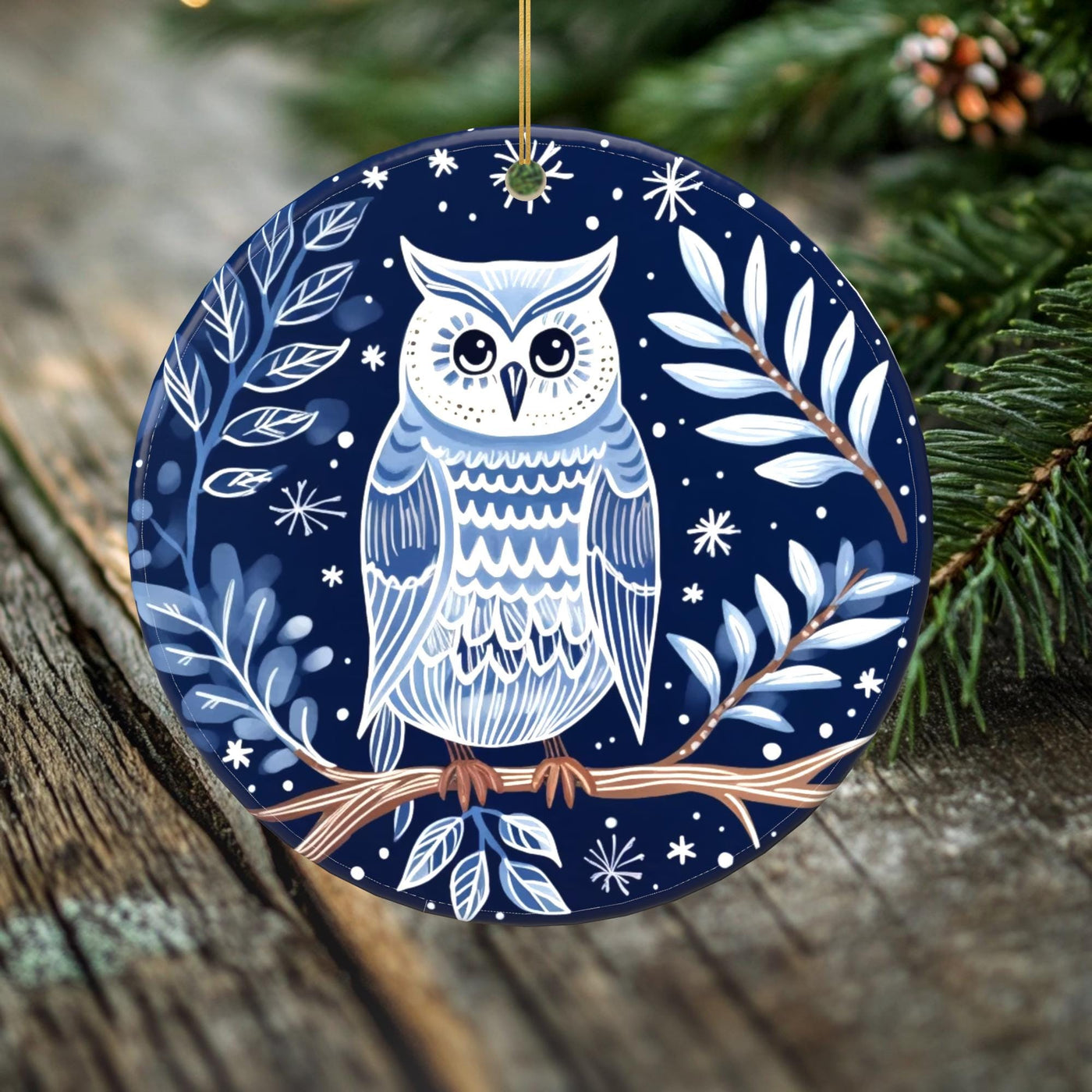 Midnight Owl Porcelain Ornament - Double-Sided Holiday Keepsake -- Scandinavian Snowy Owl Porcelain Ornament