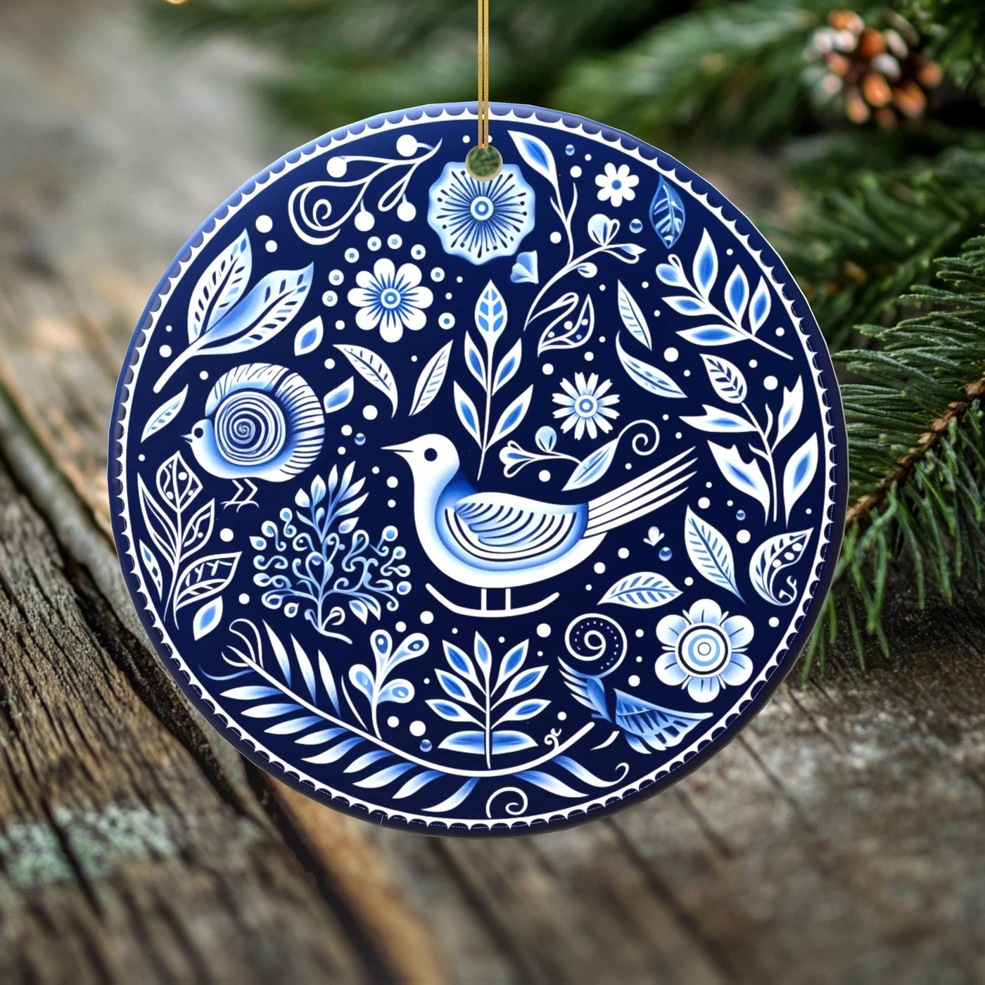 Blue Folk Art Bird Porcelain OrnamentB- Double-Sided Holiday Keepsake -- Scandinavian Style