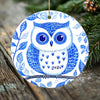 Charming Owl Porcelain Christmas Ornament - Double-Sided Heirloom Quality Art -- Scandinavian Style