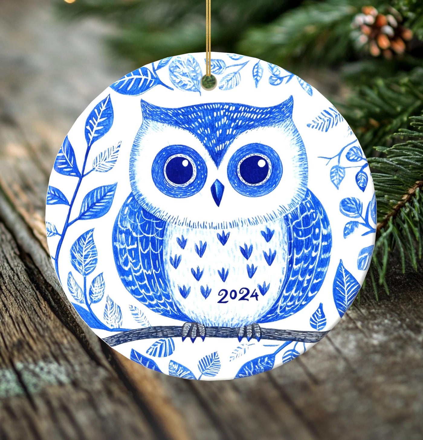 Charming Owl Porcelain Christmas Ornament - Double-Sided Heirloom Quality Art -- Scandinavian Style