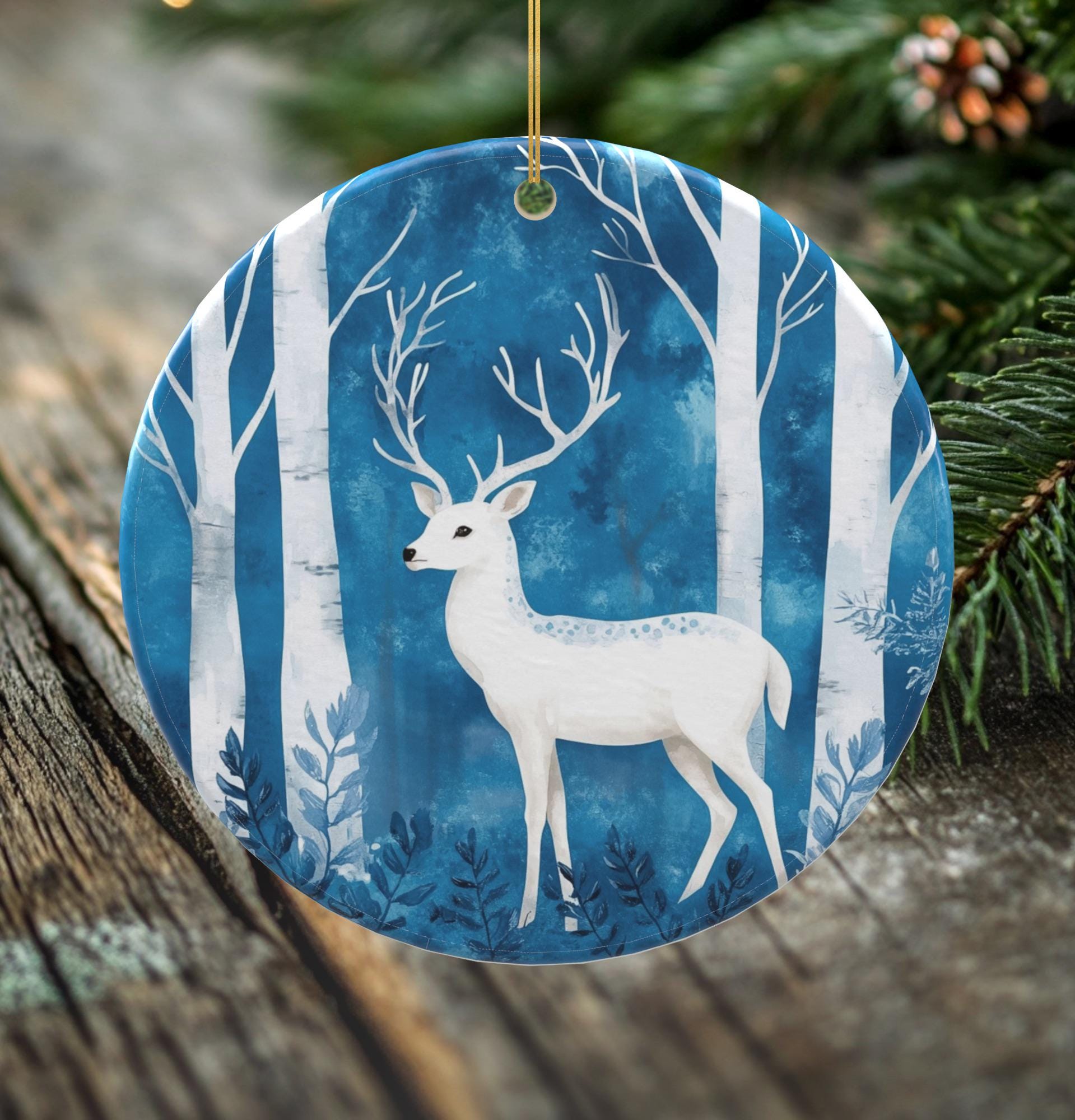 White Stag Porcelain Christmas Ornament - Elegant Double-Sided Winter Forest Keepsake -- Scandinavian Style