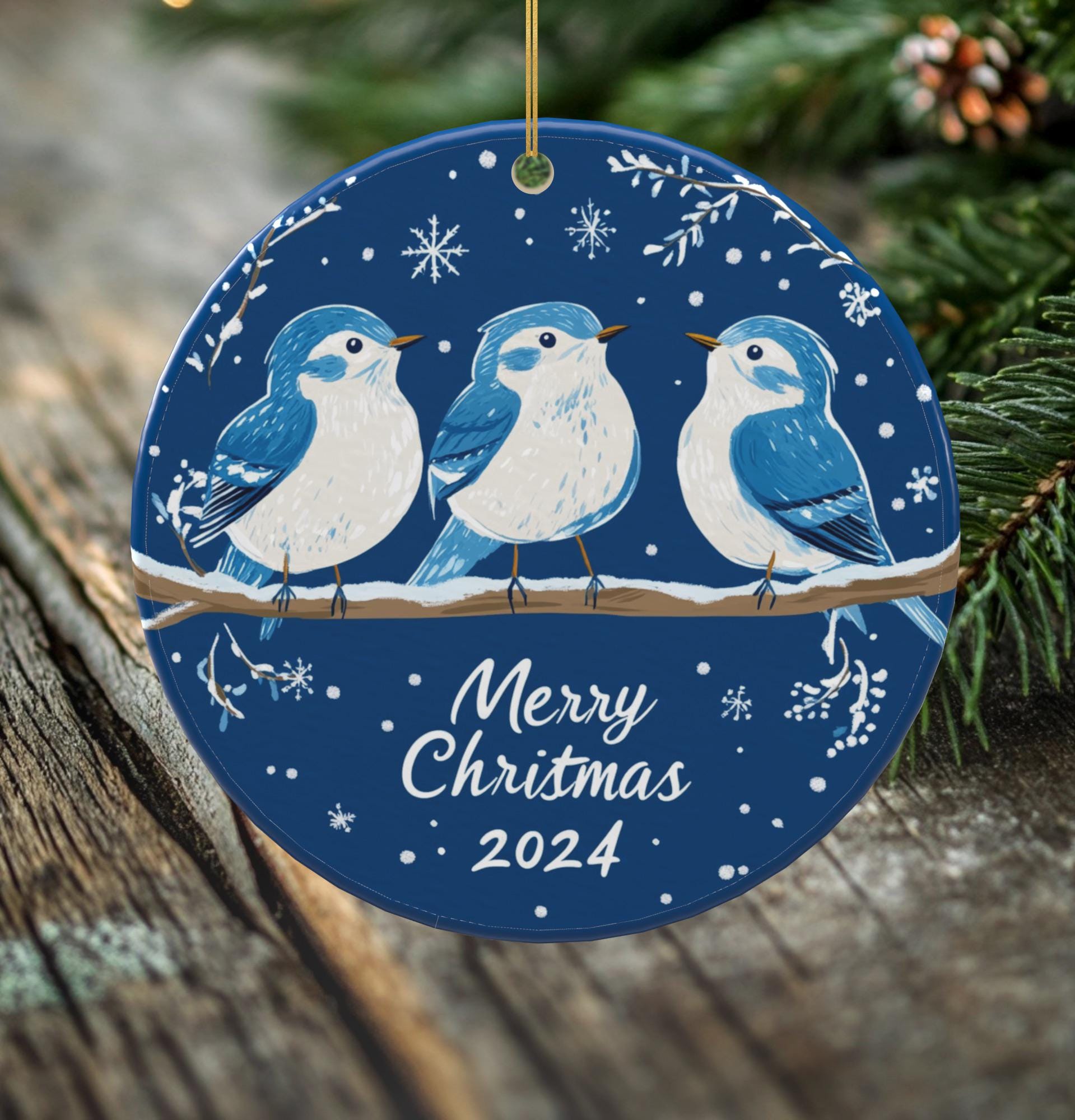 Merry Christmas Birds 2024 Porcelain Ornament - Double-Sided Holiday Keepsake -- Scandinavian Style