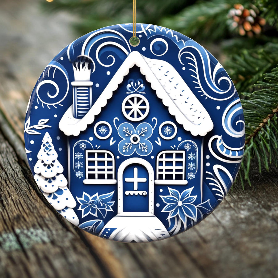 Winter Cottage Porcelain Christmas Ornament - Double-Sided Holiday Keepsake -- Scandinavian Style