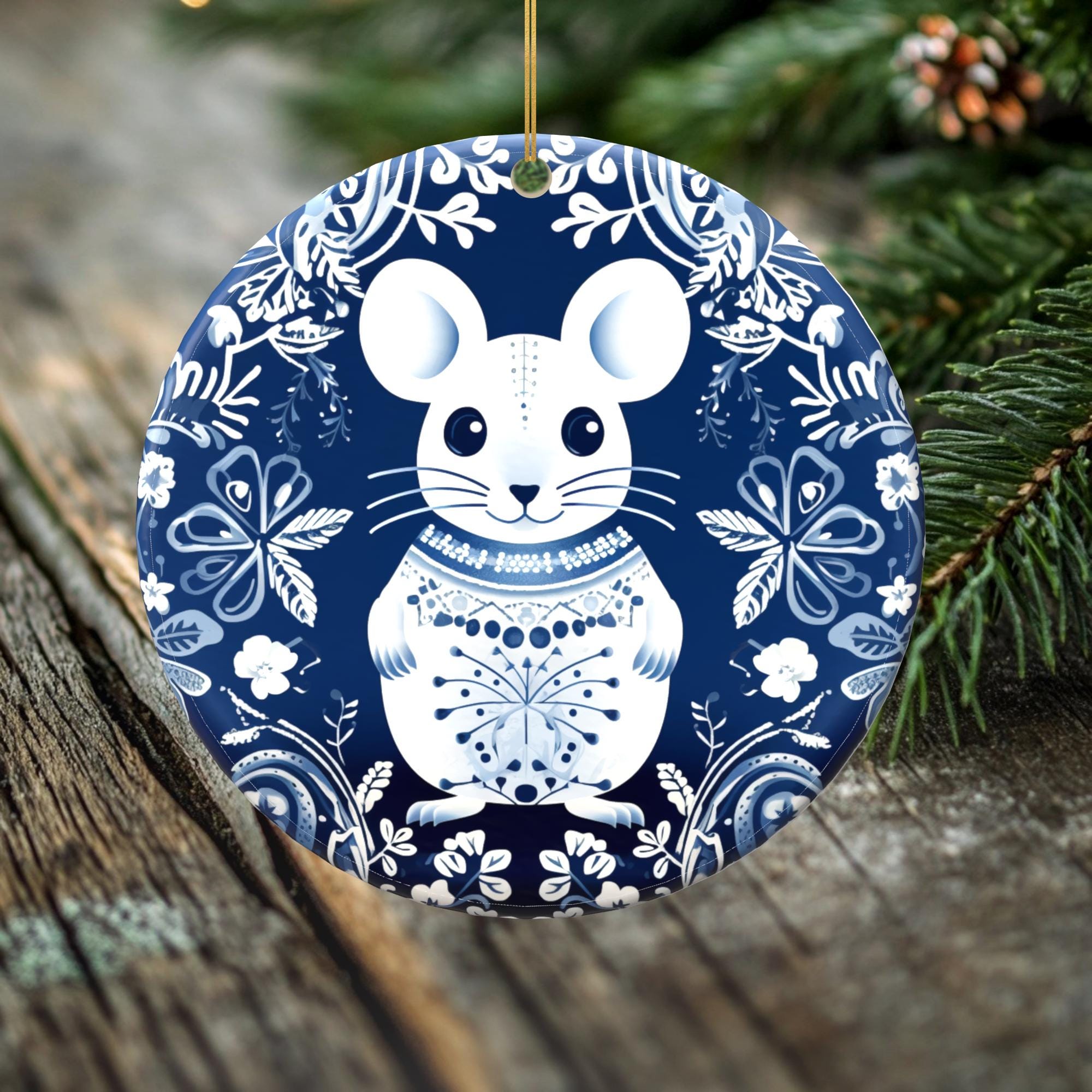 Charming Mouse Porcelain Ornament - Double-Sided Holiday Keepsake -- Scandinavian Style