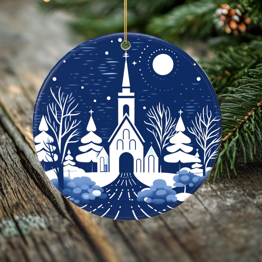 Peaceful Winter Church Porcelain Ornament - Double-Sided Holiday Keepsake -- Scandinavian Style