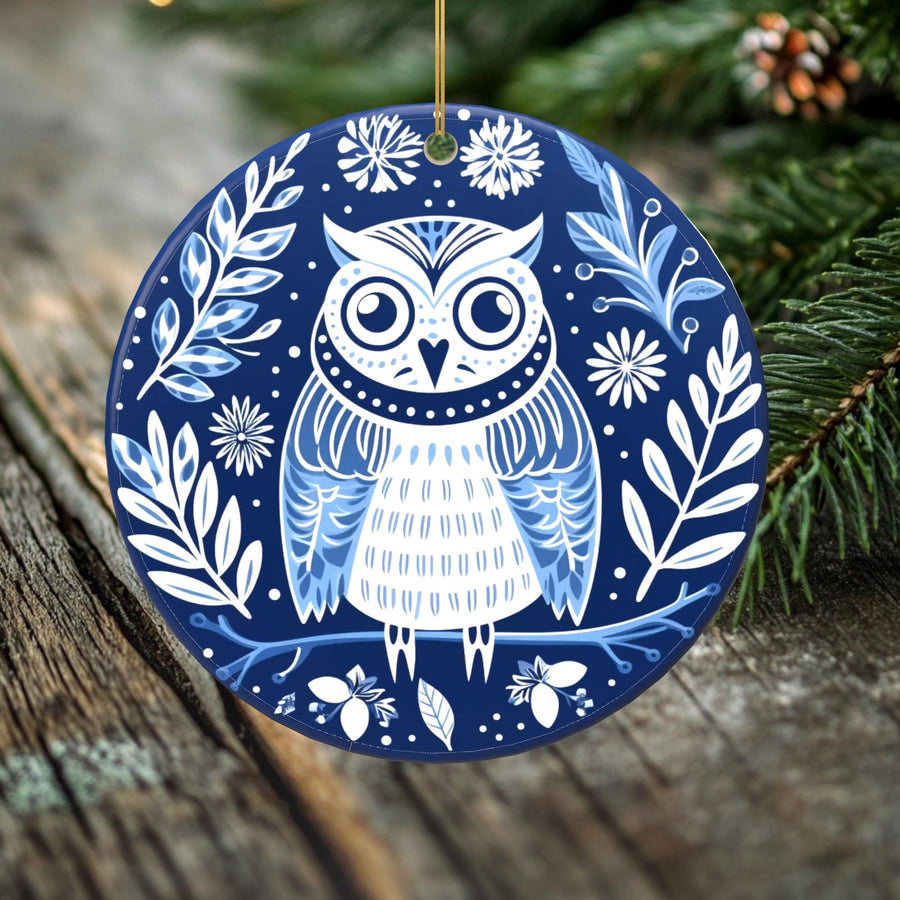 Charming Owl Porcelain Ornament - Double-Sided Holiday Keepsake -- Scandinavian Snowy Owl Porcelain Ornament