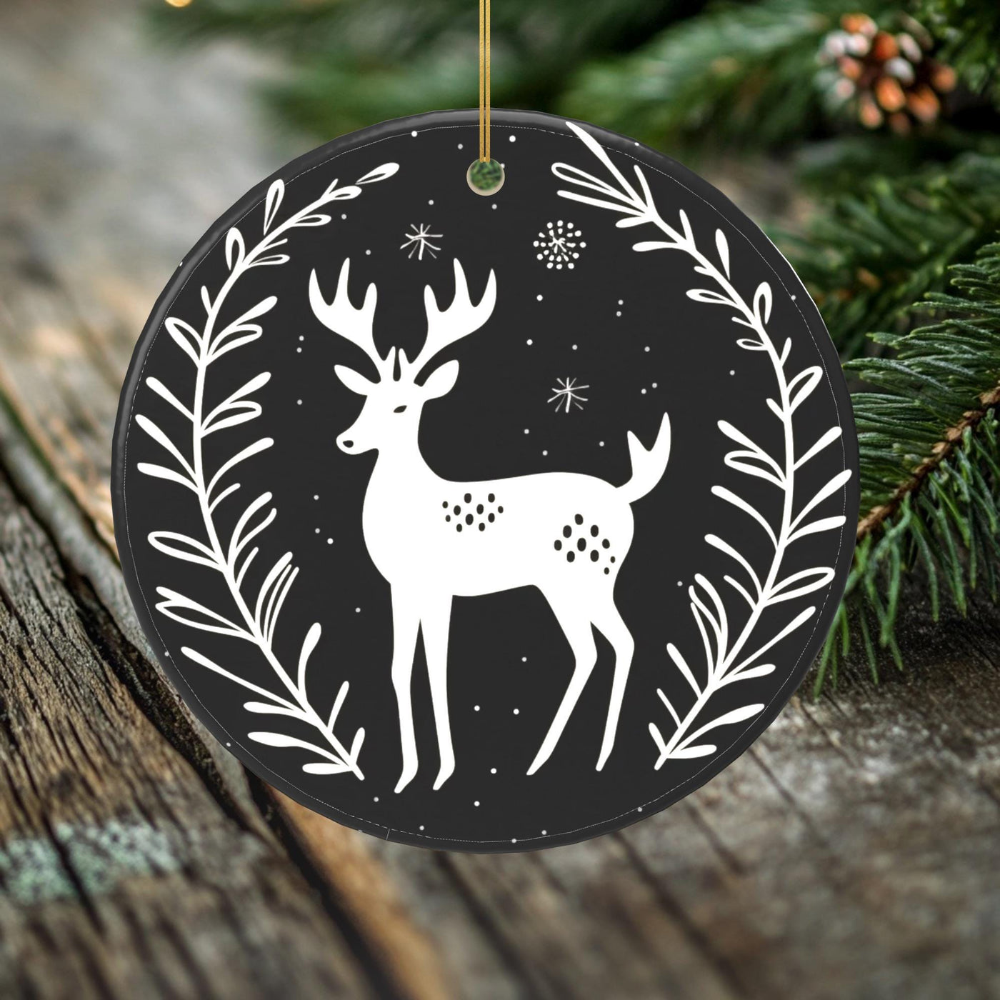 Black and White Woodland Deer Porcelain Ornament - Minimalist Christmas Tree Decor - 2 Sided Holiday Keepsake