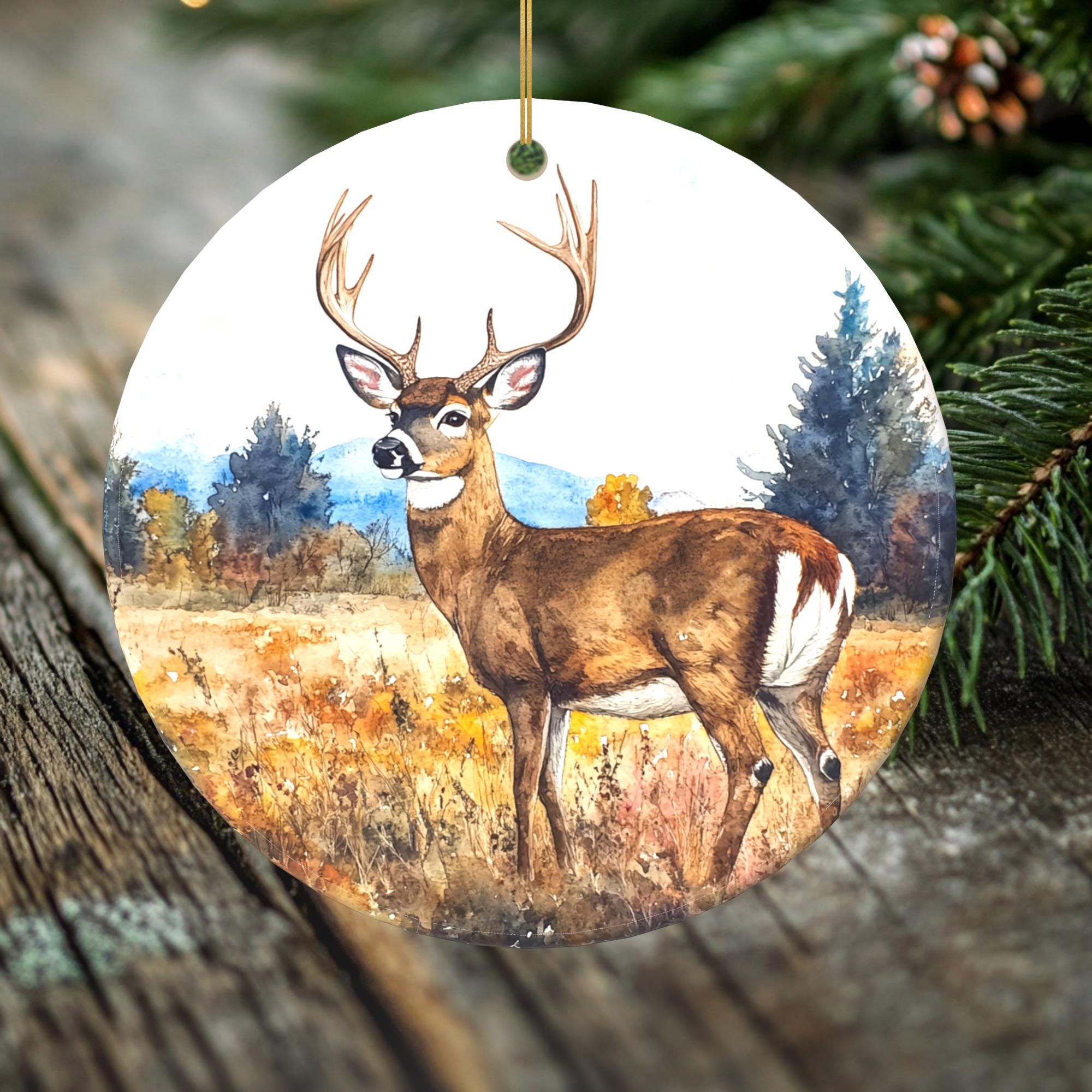 Majestic Buck Deer Porcelain Ornament - Rustic Nature Christmas Decor - 2 Sided Holiday Keepsake