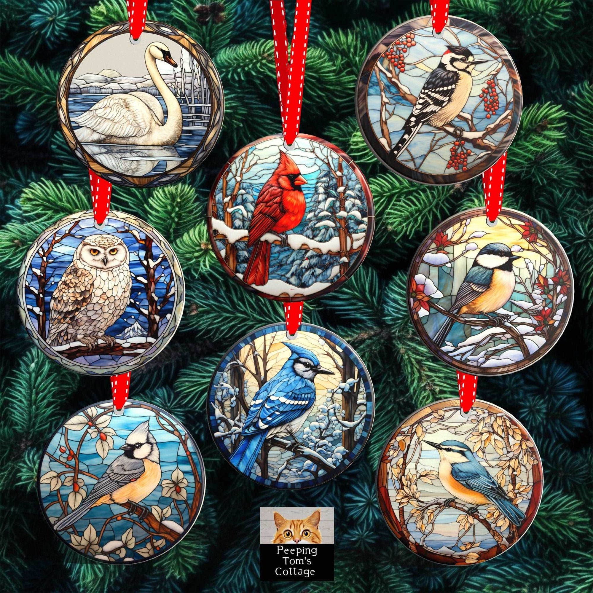 Peeping Tom's Cottage Avian Elegance - Winter Birds of North America Collection of Stained Glass styled Porcelain Ornaments for Festive Decor