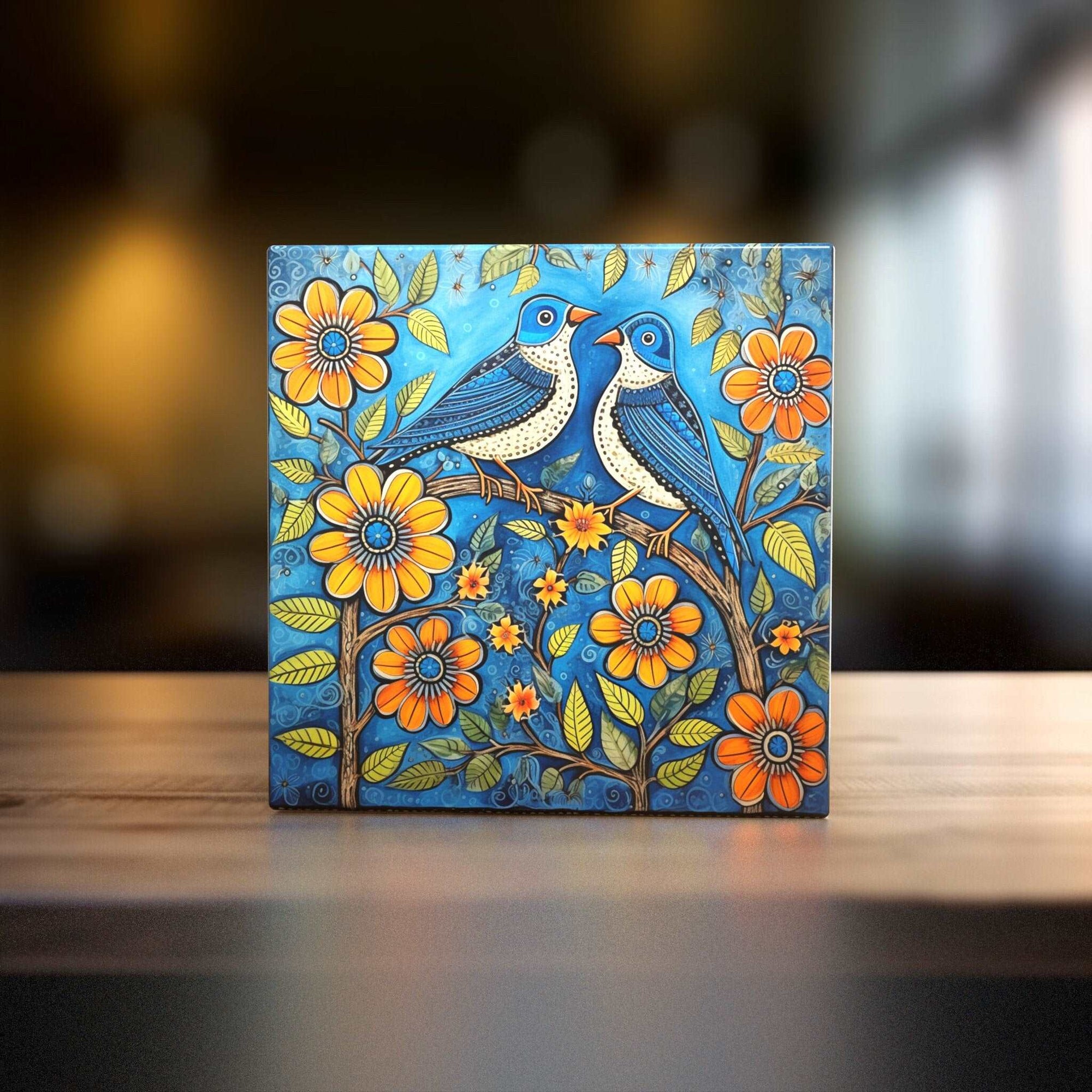 Peeping Tom's Cottage Blue Birds and Sunflowers Folk Art Style Artistic Ceramic Tile Decor