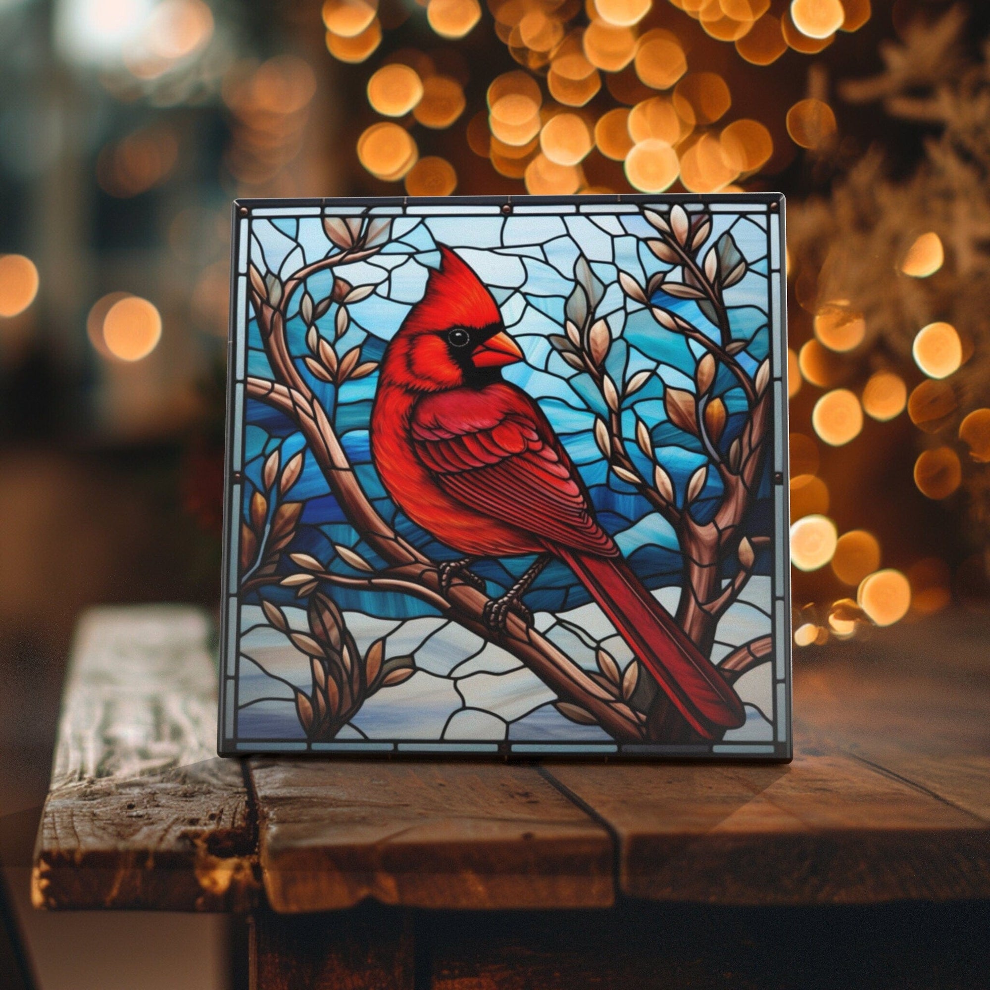 Peeping Tom's Cottage Cardinal Majesty: Handcrafted Stained Glass-Effect Ceramic Tile Art