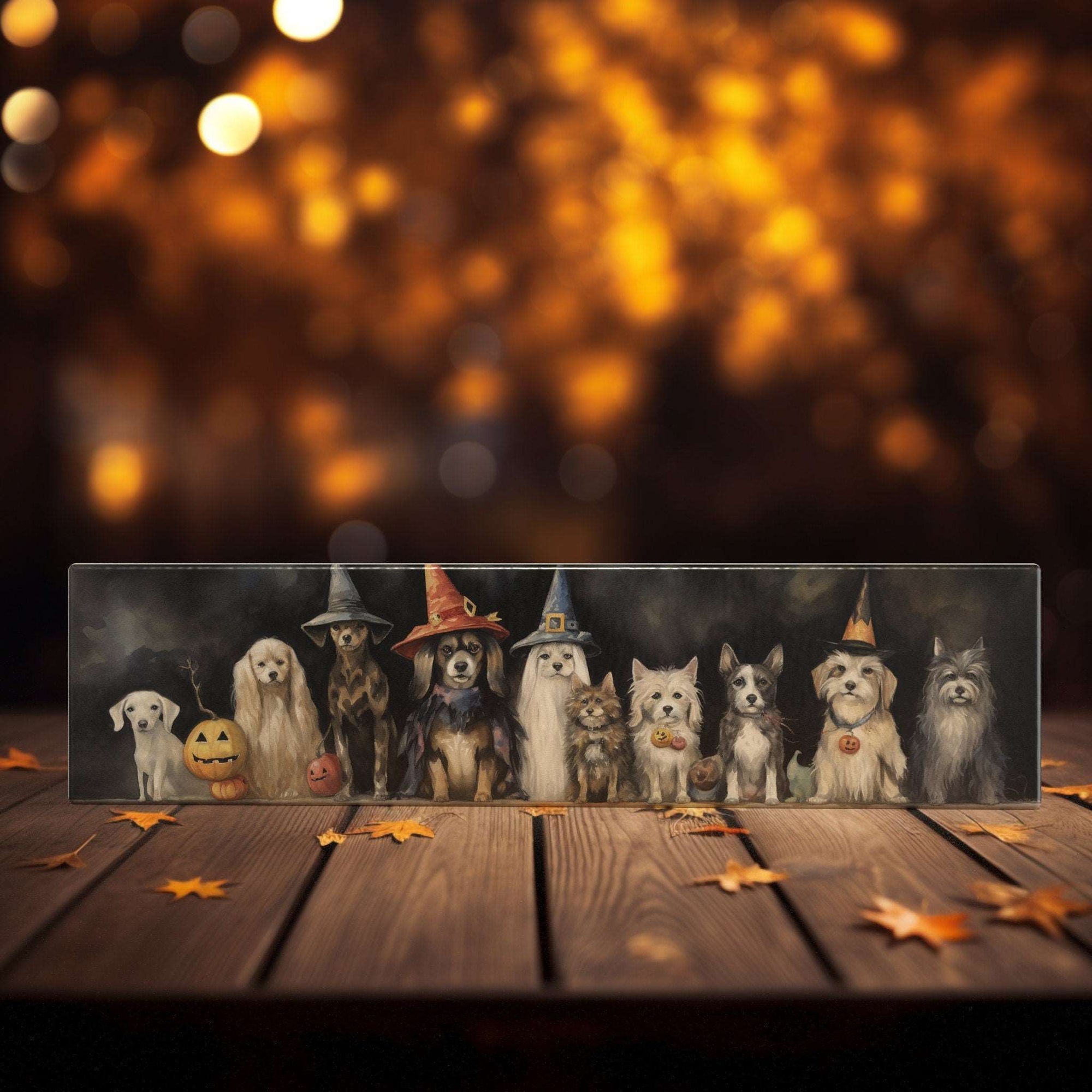 Peeping Tom's Cottage Custom Printed Tile 16 x 4 inches Halloween Canine Gathering Art Tile - Festive Dogs in Costumes Watercolor Panorama for Autumn Decor