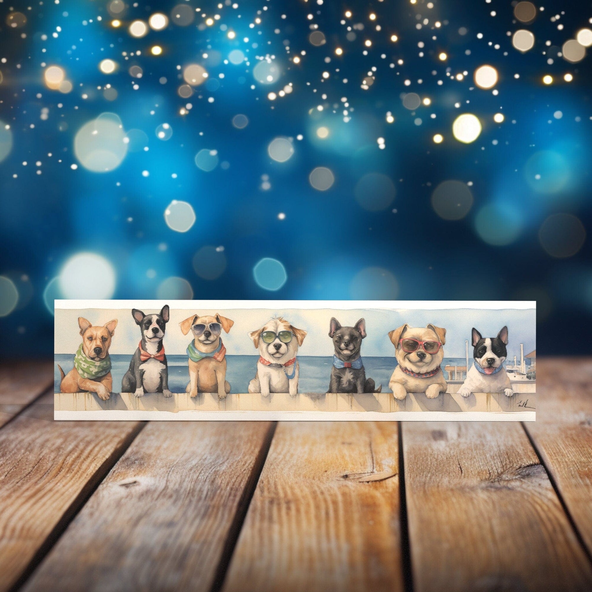 Peeping Tom's Cottage Custom Printed Tile 16 x 4 inches Seaside Canine Squad Art Tile - Panoramic Watercolor of Dogs Enjoying Summer for Beach-Themed Decor