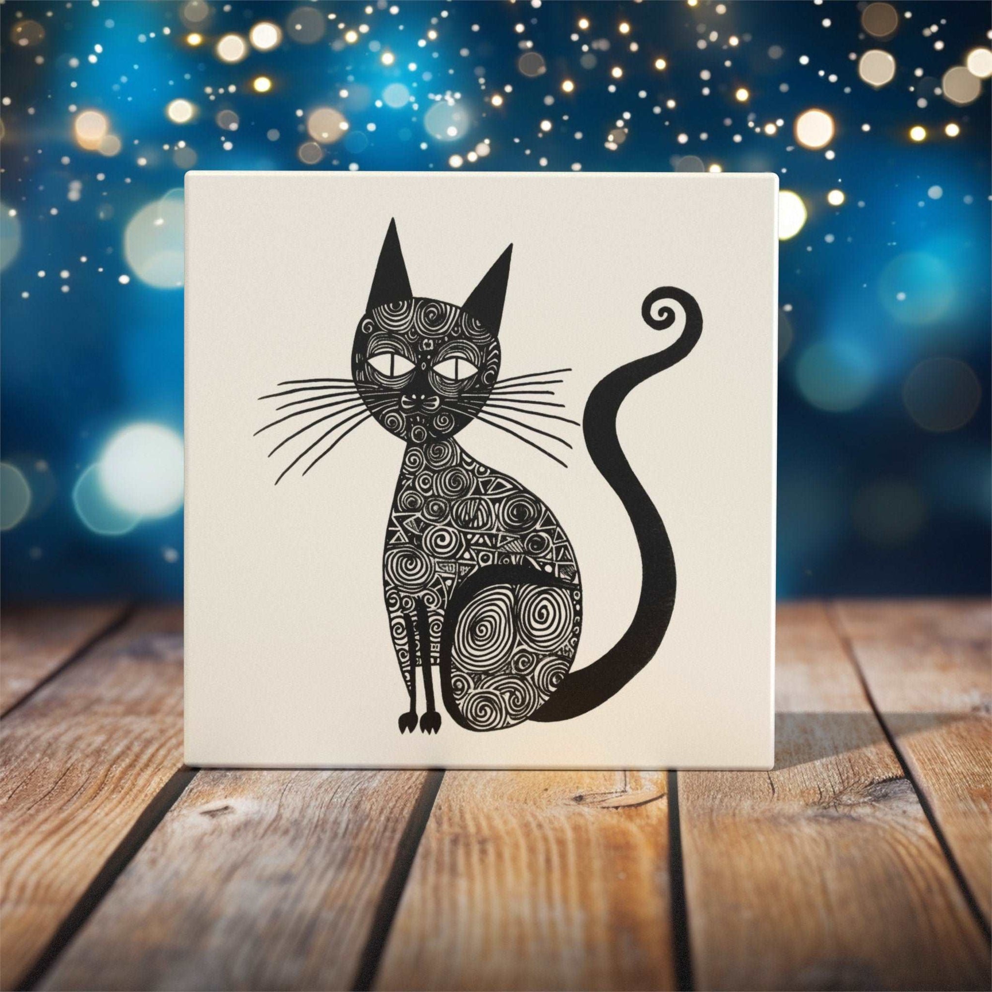 Peeping Tom's Cottage Custom Printed Tile Abstract Feline Elegance Art Tile - Monochromatic Whimsical Cat with Spirals for Contemporary Decor
