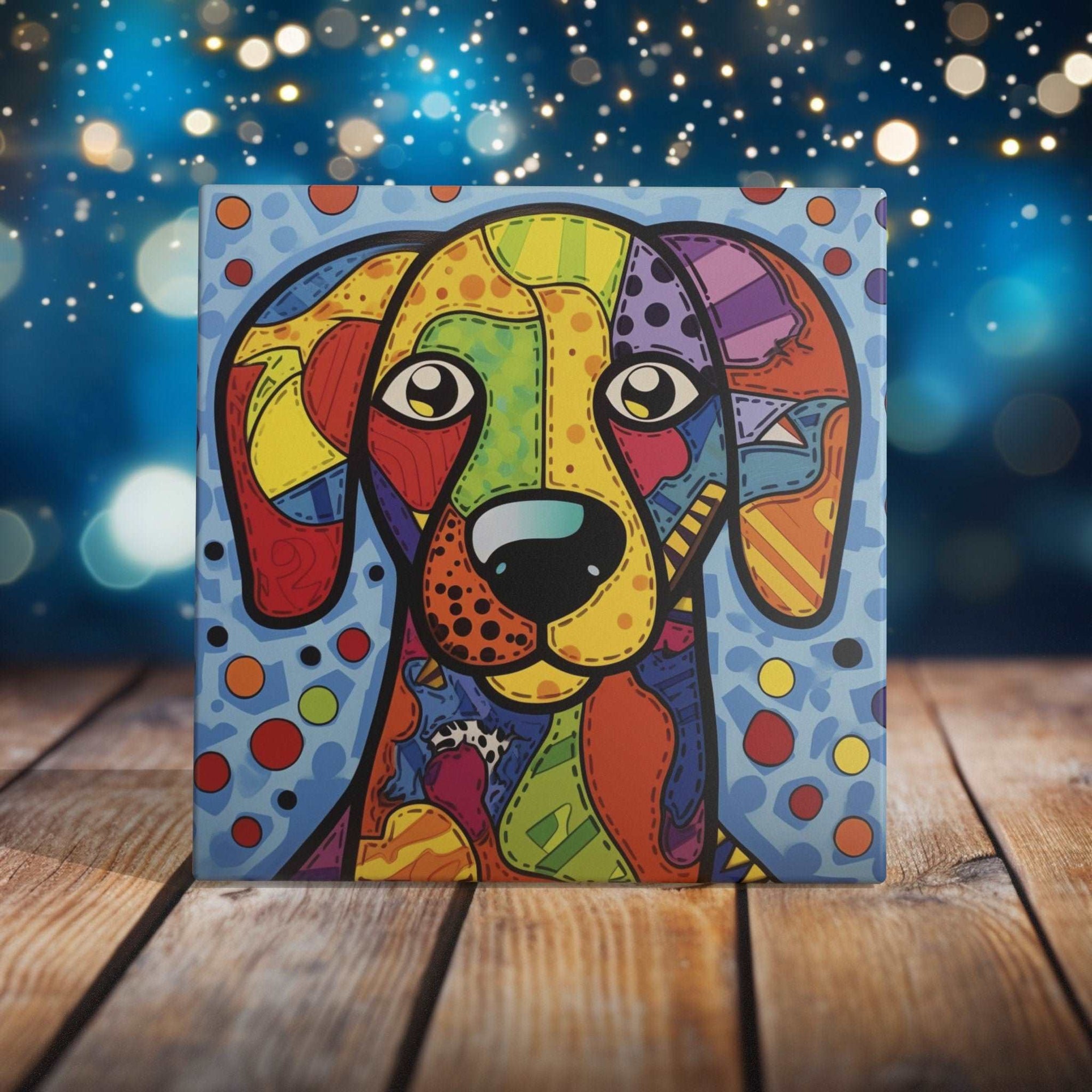 Peeping Tom's Cottage Custom Printed Tile Abstract Patchwork Dog Art Tile - Colorful Pop Art Style Canine Decor for Home