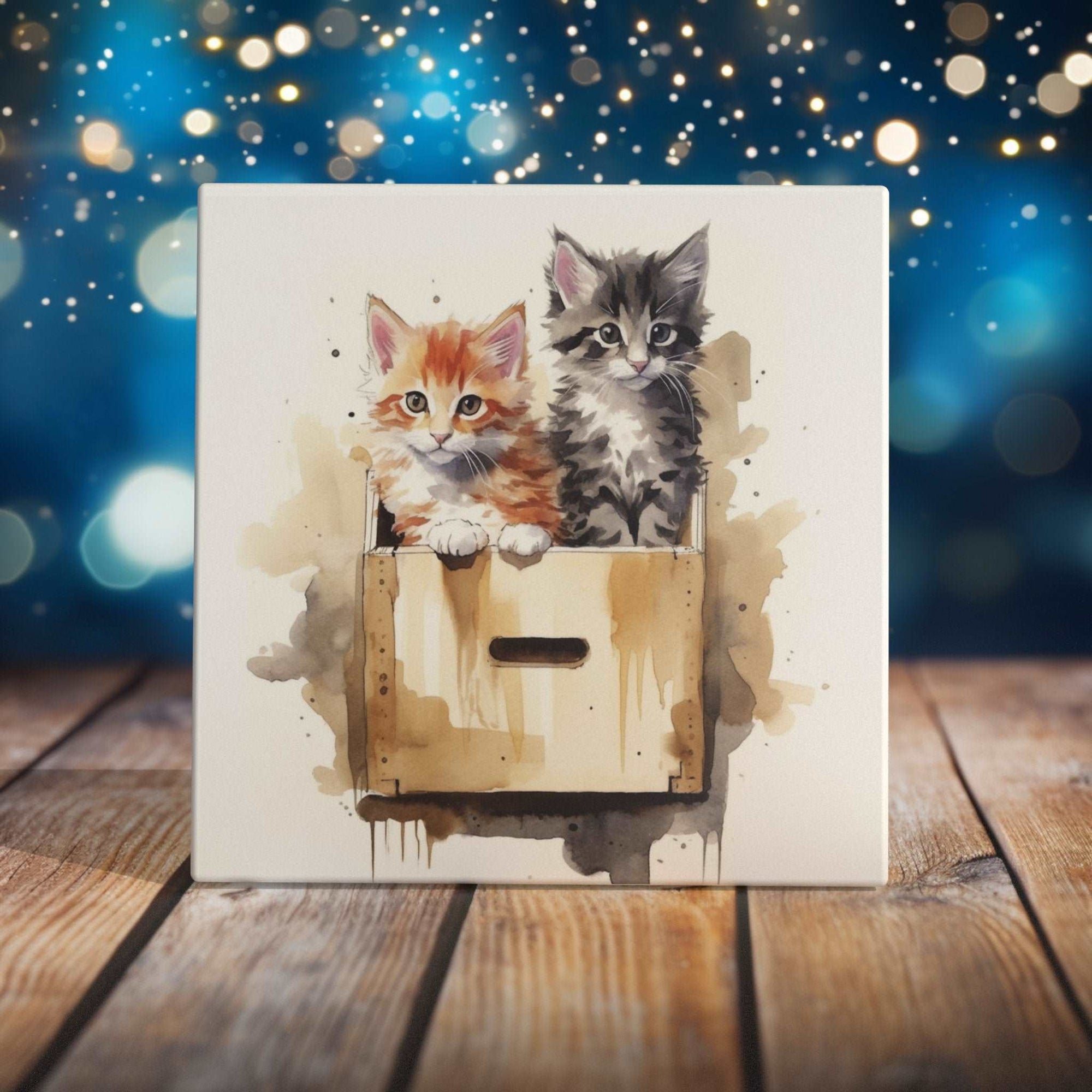 Peeping Tom's Cottage Custom Printed Tile Adorable Kittens in a Crate Watercolor Art Tile - Charming Cat Siblings Home Decor Piece