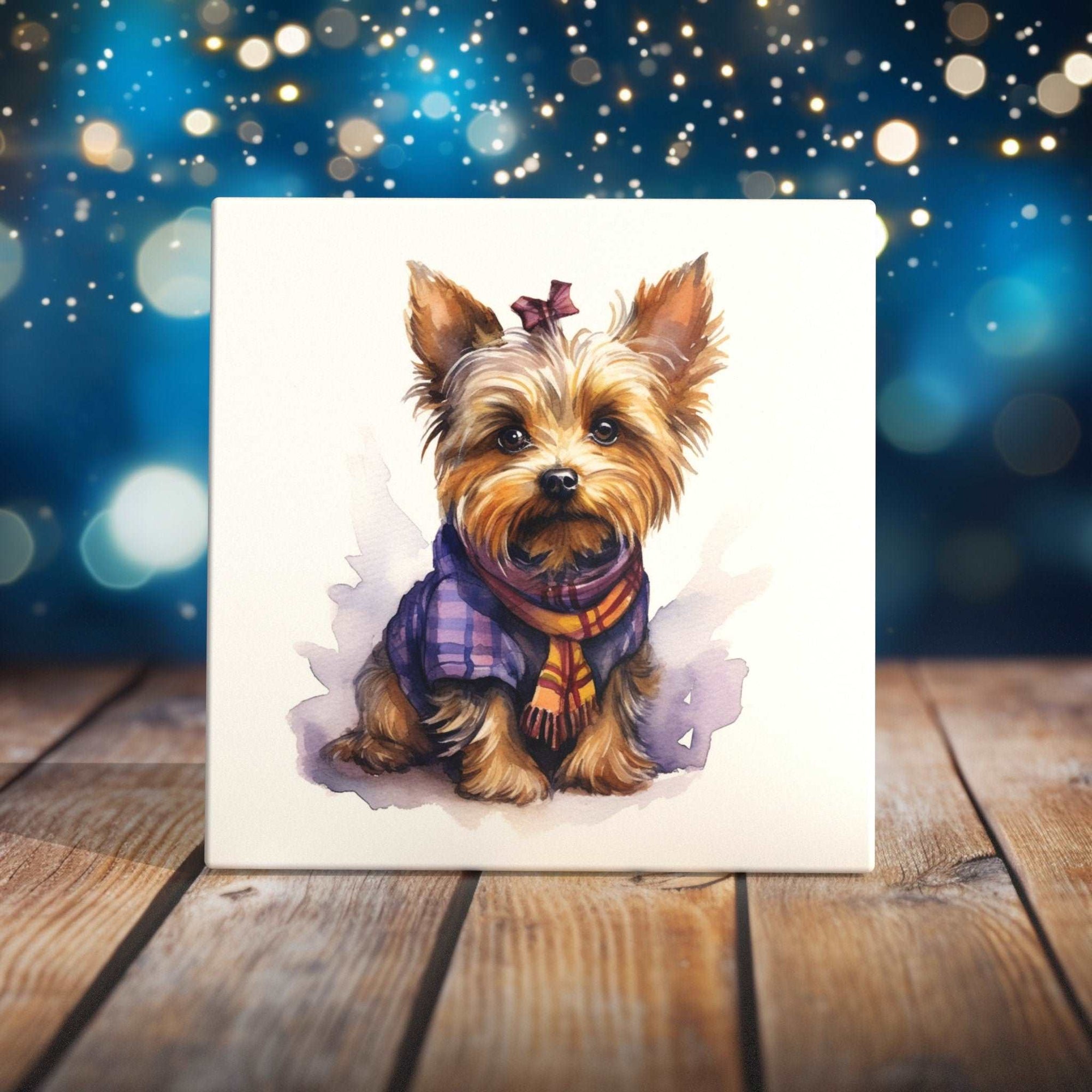 Peeping Tom's Cottage Custom Printed Tile Adorable Yorkie with Bow Watercolor Art Tile - Stylish Pup Home Decor for Dog Enthusiasts