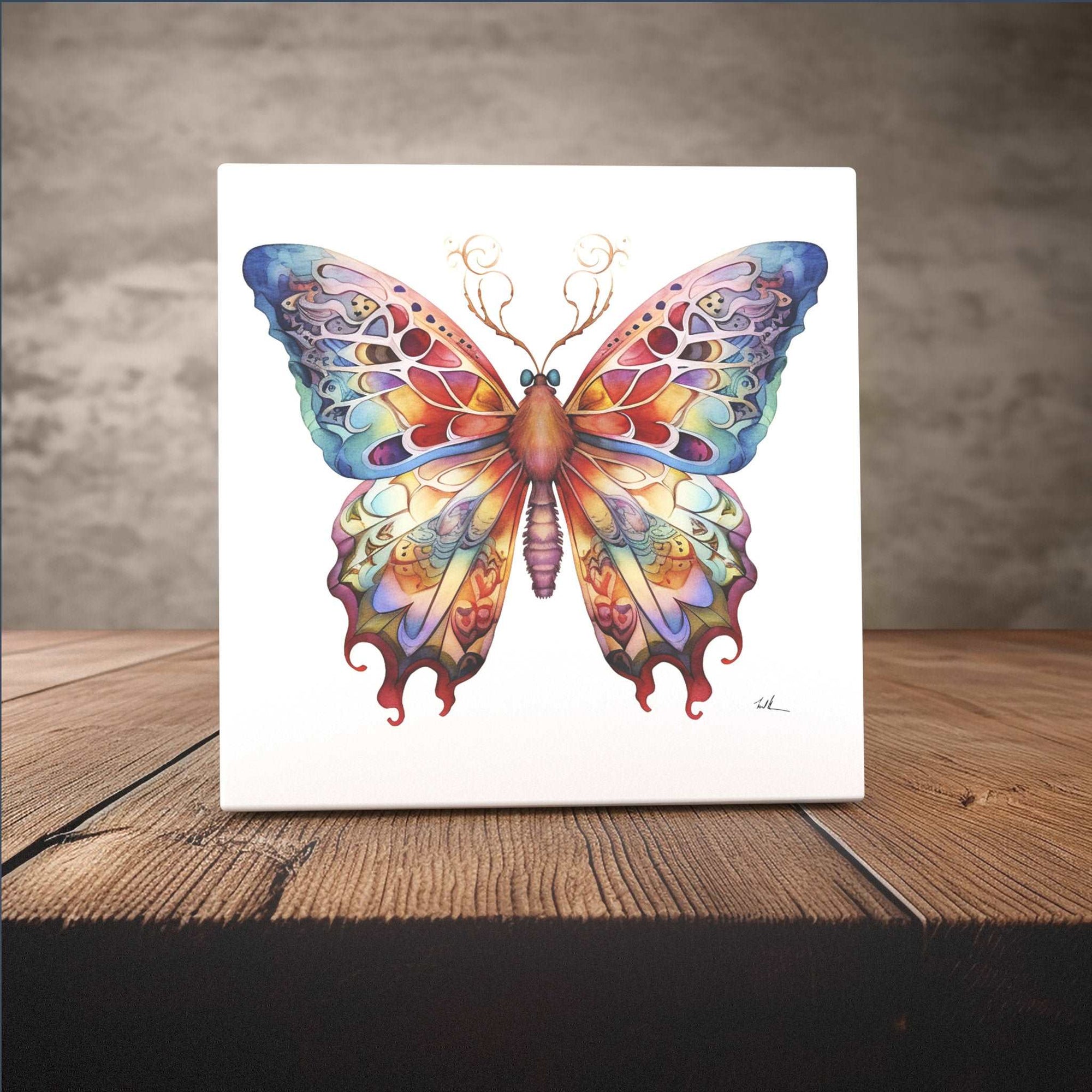 Peeping Tom's Cottage Custom Printed Tile Antlered Butterfly Illustration - Unique Watercolor Ceramic Tile for Eclectic Home Decor