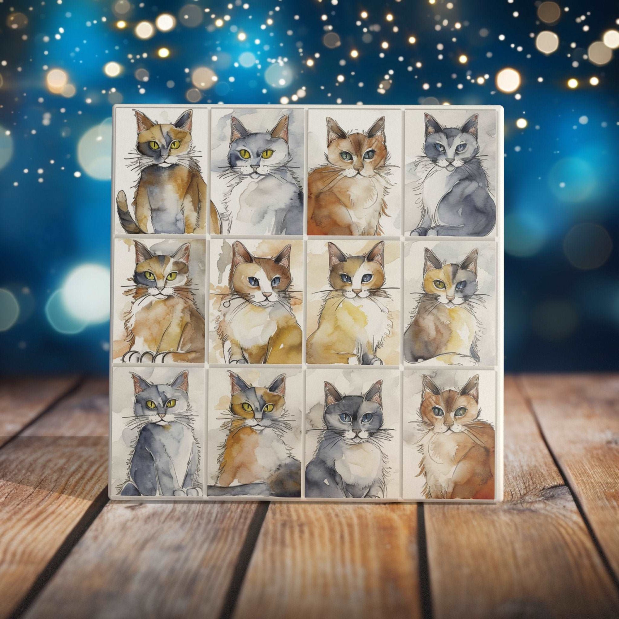 Peeping Tom's Cottage Custom Printed Tile Assorted Watercolor Cat Portraits Art Tile - A Collection of Feline Faces for Cat Lovers' Home Decor