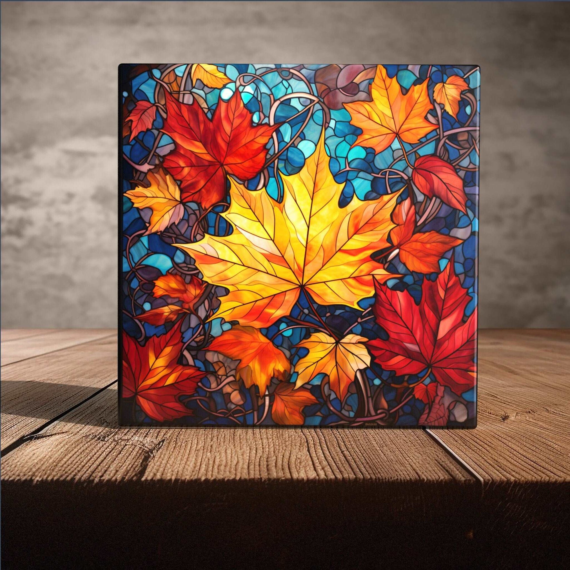 Peeping Tom's Cottage Custom Printed Tile Autumn Harmony: Stunning Stained Glass Tile Mosaic Featuring Yellow and Red Maple Leaves for Home Decor