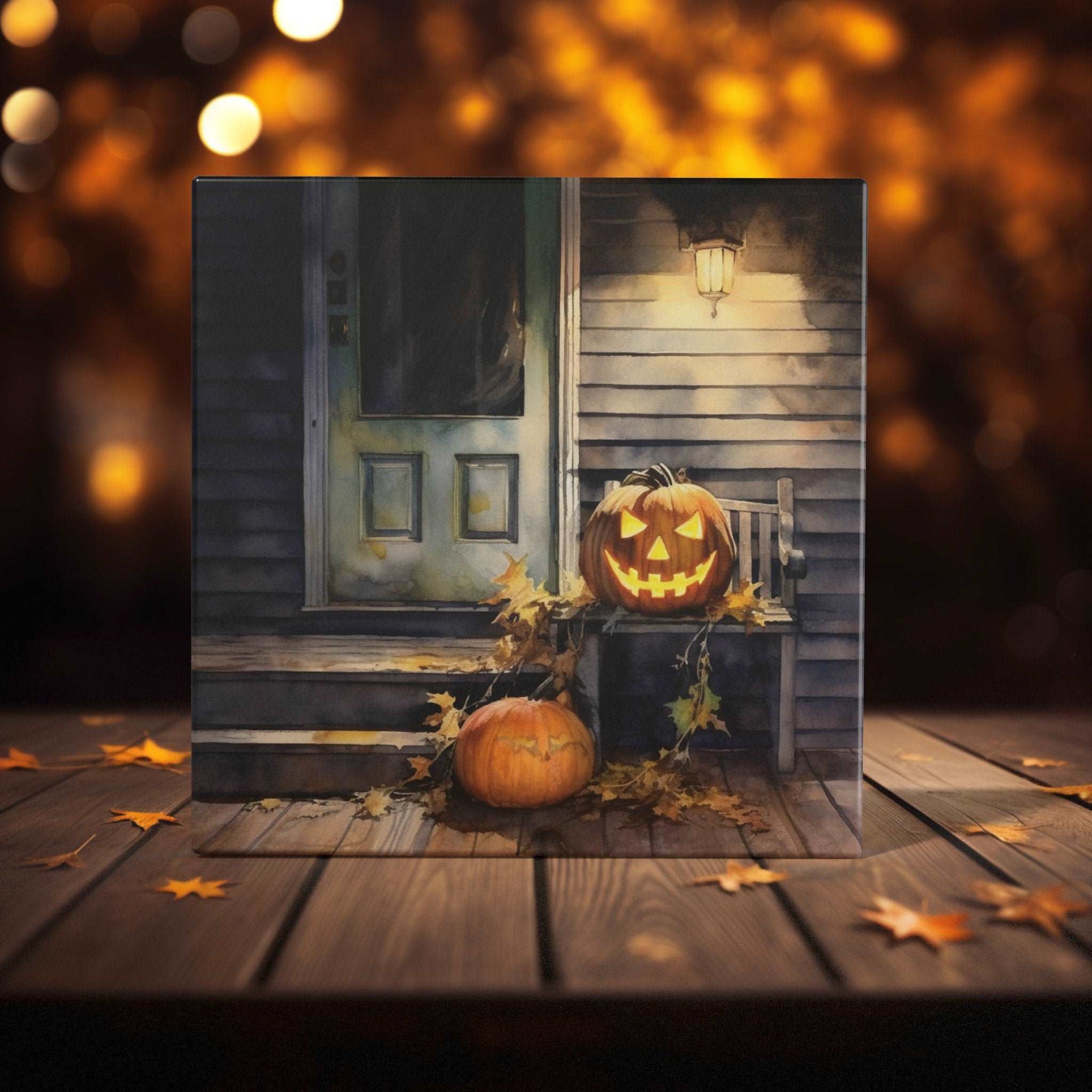 Peeping Tom's Cottage Custom Printed Tile Autumnal Elegance: Handcrafted Pumpkin Porch Art Tile for Cozy Fall Home Decor