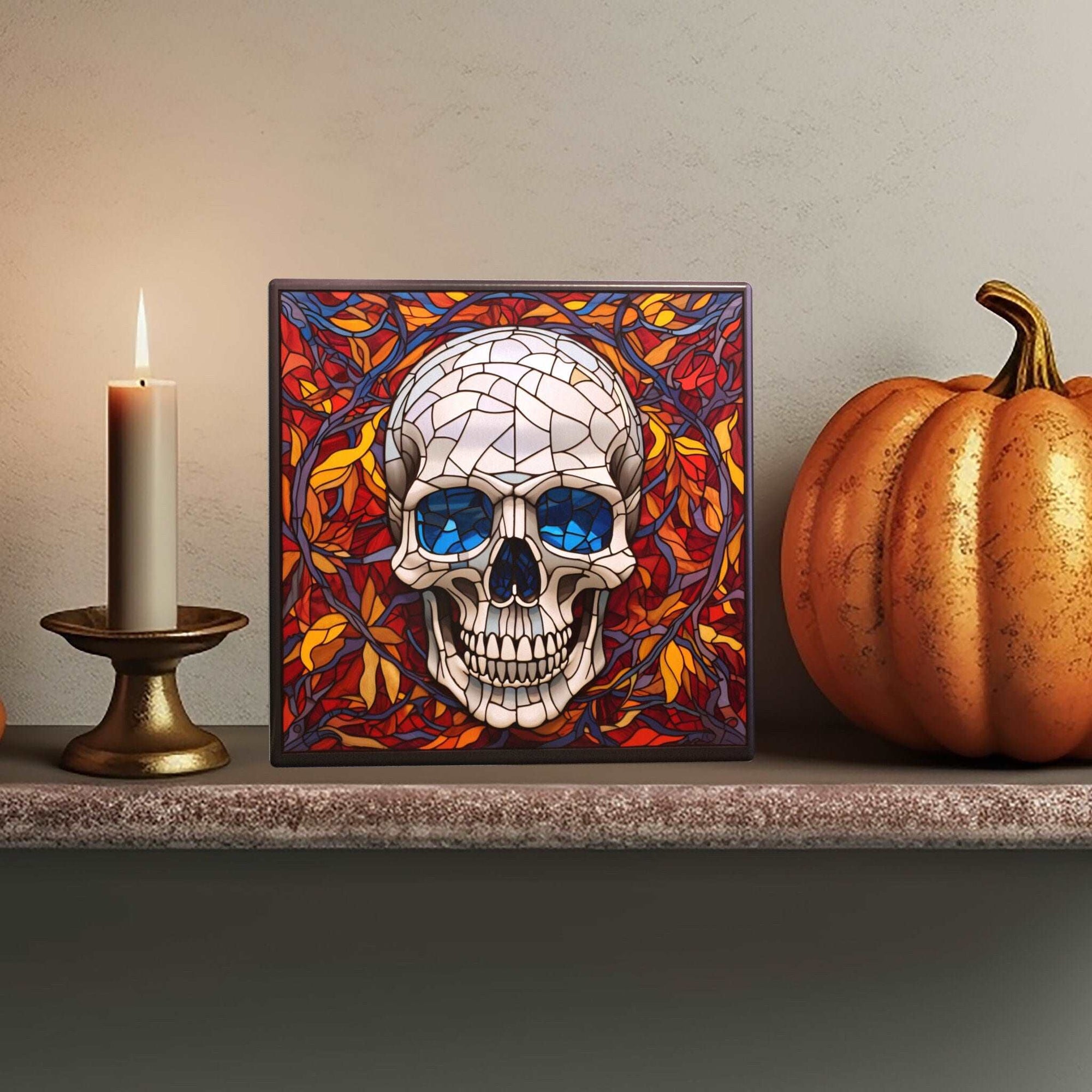 Peeping Tom's Cottage Custom Printed Tile Autumnal Memento Mori: Striking Stained Glass Skull with Fall Leaves Artistic Tile