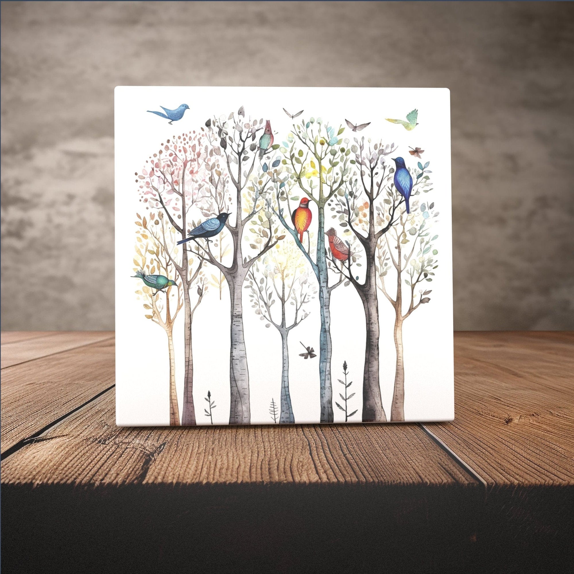 Peeping Tom's Cottage Custom Printed Tile Avian Serenade: Handcrafted Artistic Tile with Colorful Birds and Trees - Nature-Inspired Decor