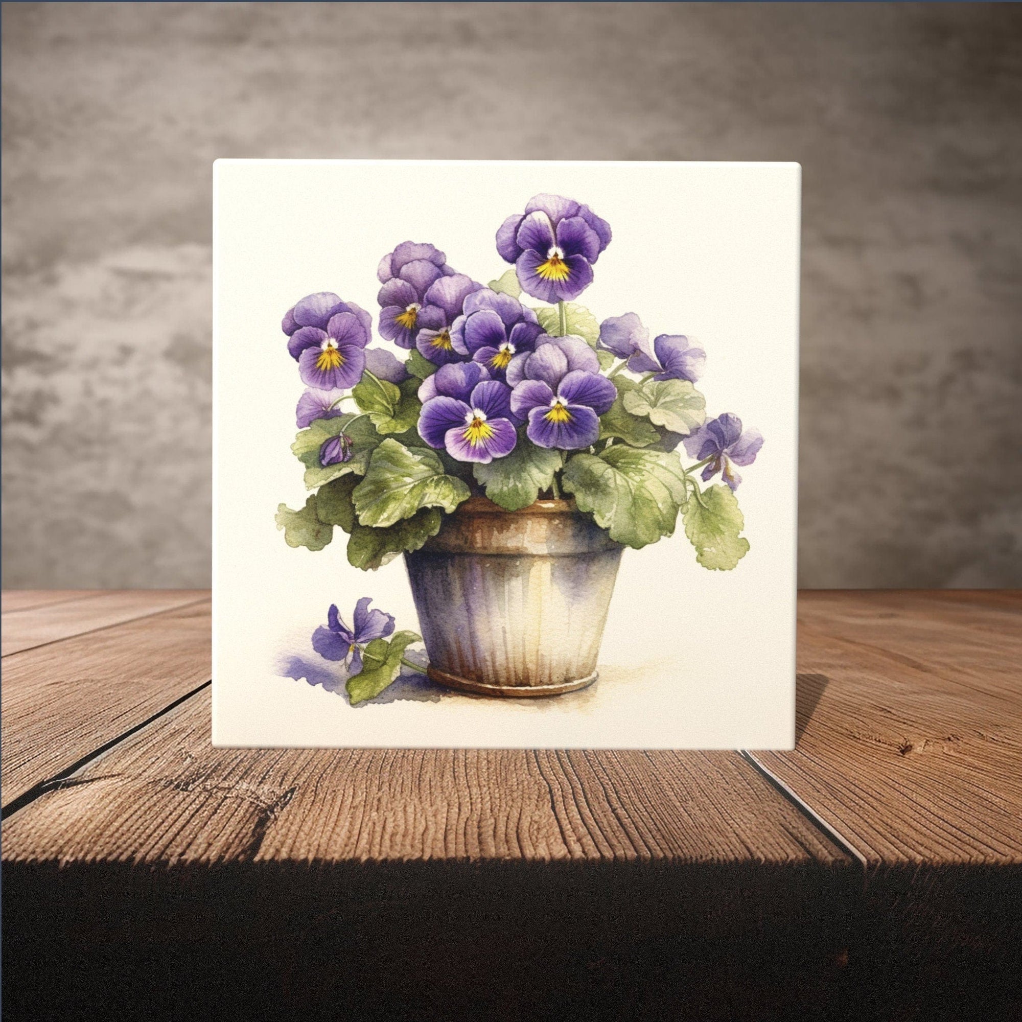 Peeping Tom's Cottage Custom Printed Tile Blooming Violets Watercolor: Artisanal Hand-Painted Tile for Garden-Inspired Home Decor