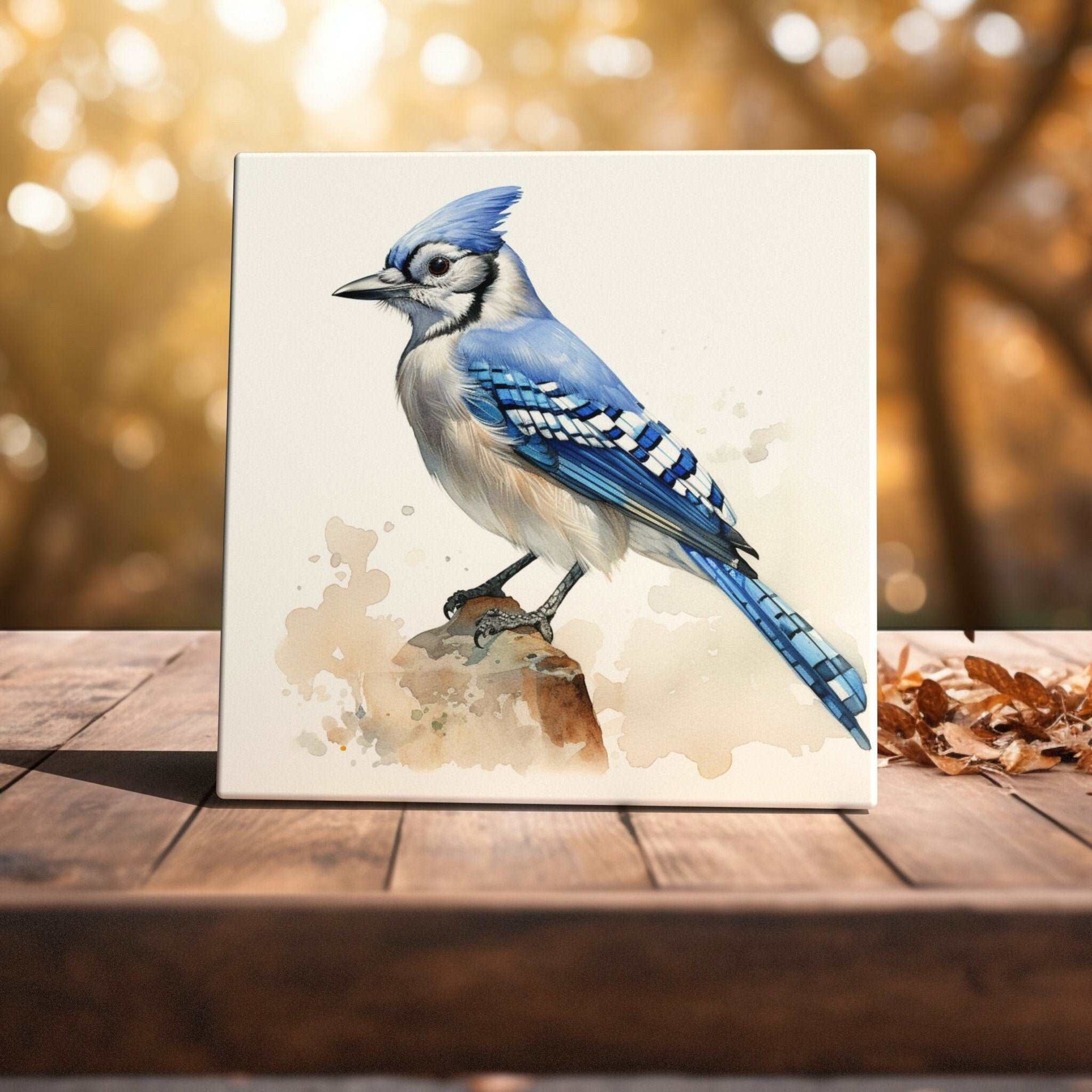 Peeping Tom's Cottage Custom Printed Tile Blue Jay Elegance - Watercolor Bird Art Tile for Wildlife Enthusiasts' Home Decor