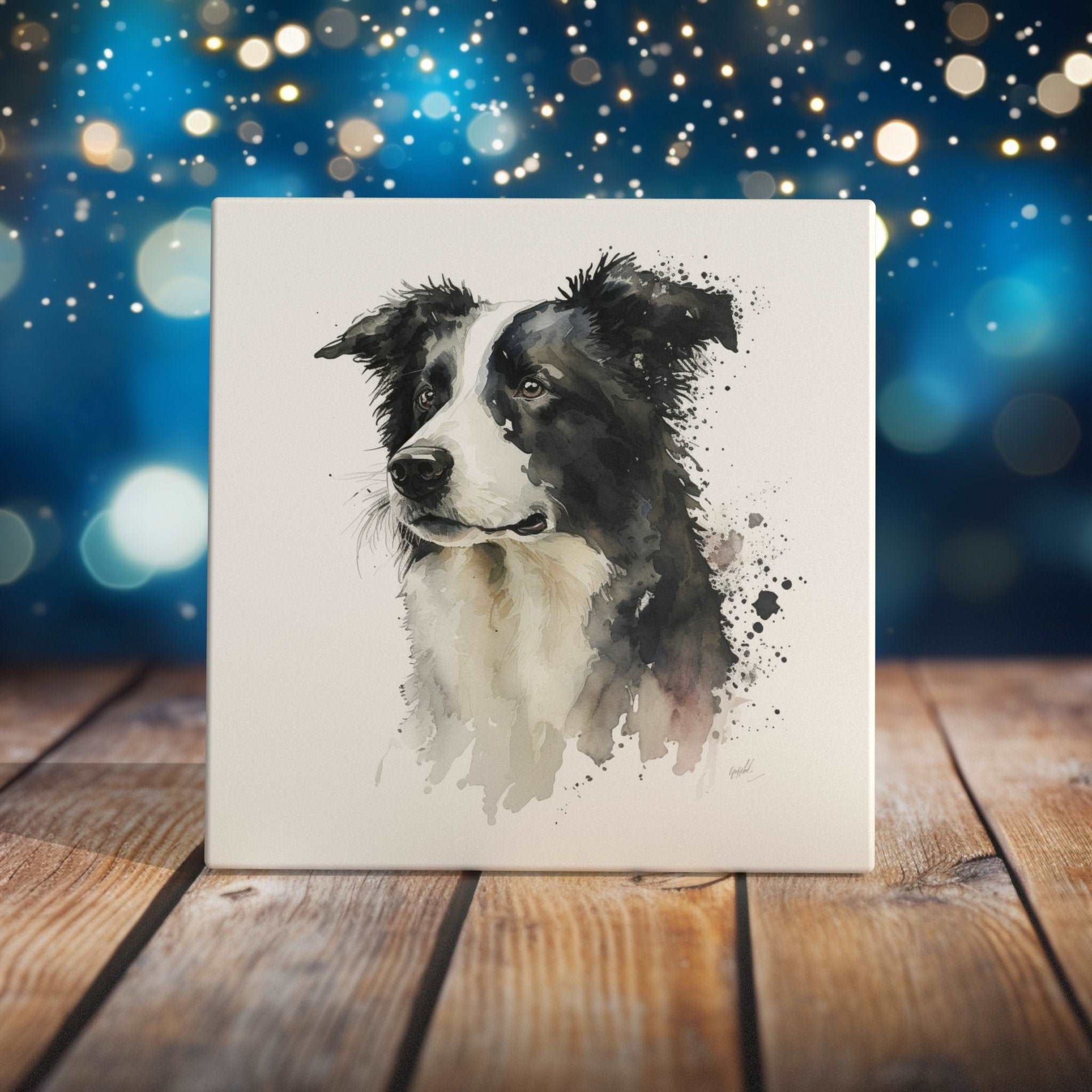 Peeping Tom's Cottage Custom Printed Tile Border Collie Elegance Art Tile - Handcrafted Watercolor Dog Portrait for Rustic Home Decor