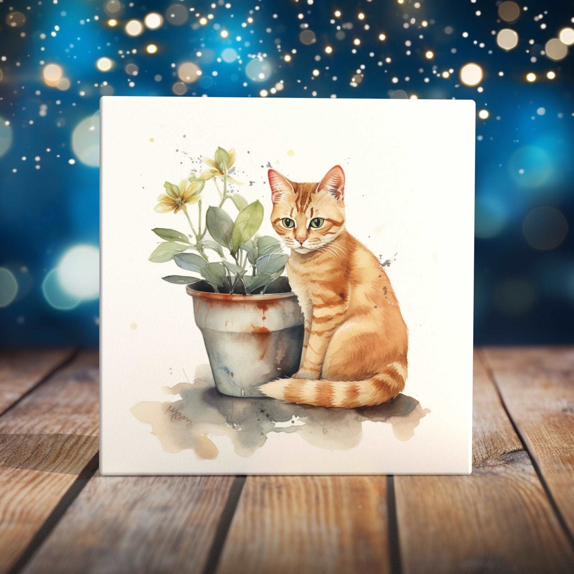 Peeping Tom's Cottage Custom Printed Tile Botanical Buddy - Orange Tabby Cat and Plant Watercolor Art Tile for Home Accent