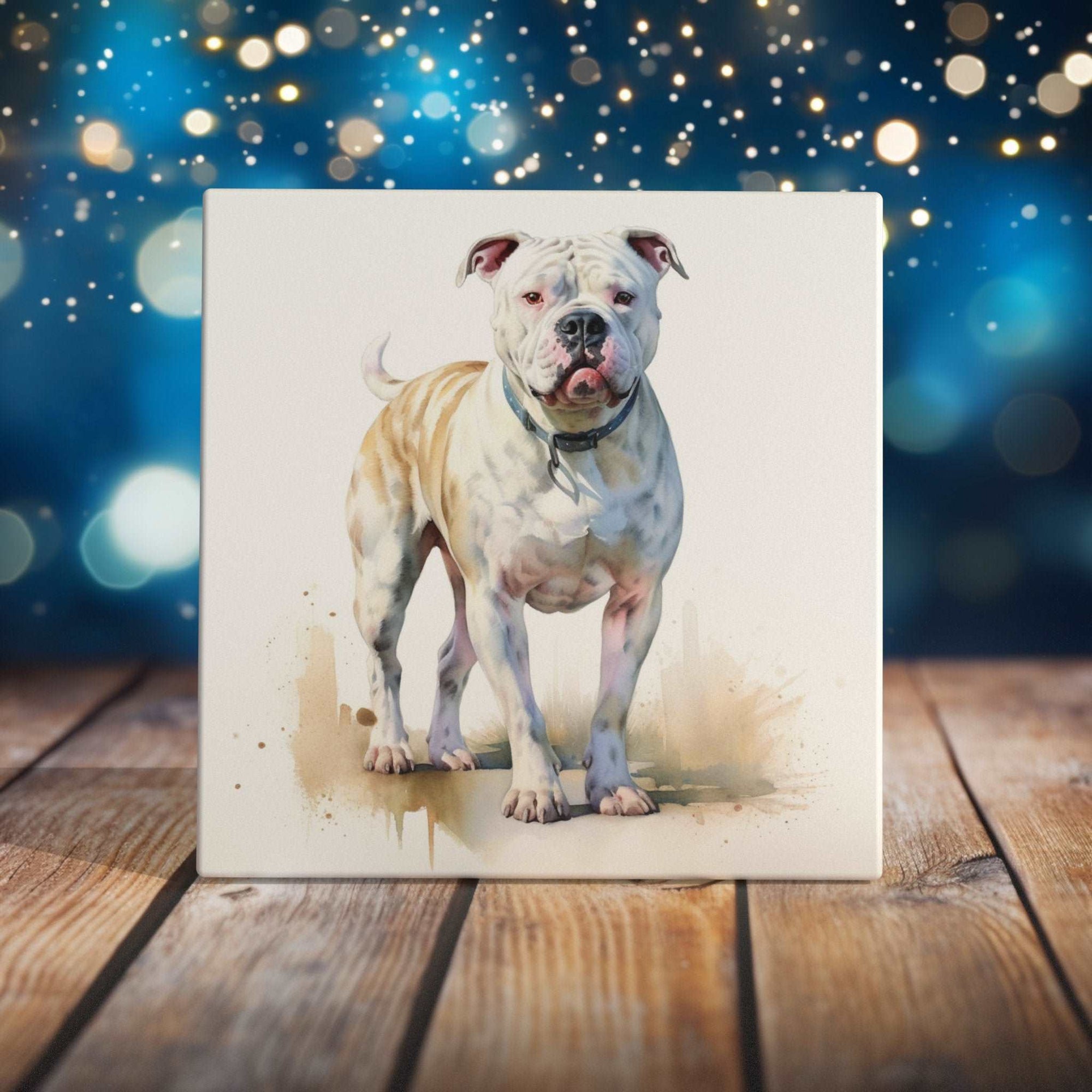 Peeping Tom's Cottage Custom Printed Tile Brindled American Bulldog Decorative Art Tile - Handmade Watercolor Portrait for Dog Enthusiasts' Home Decor