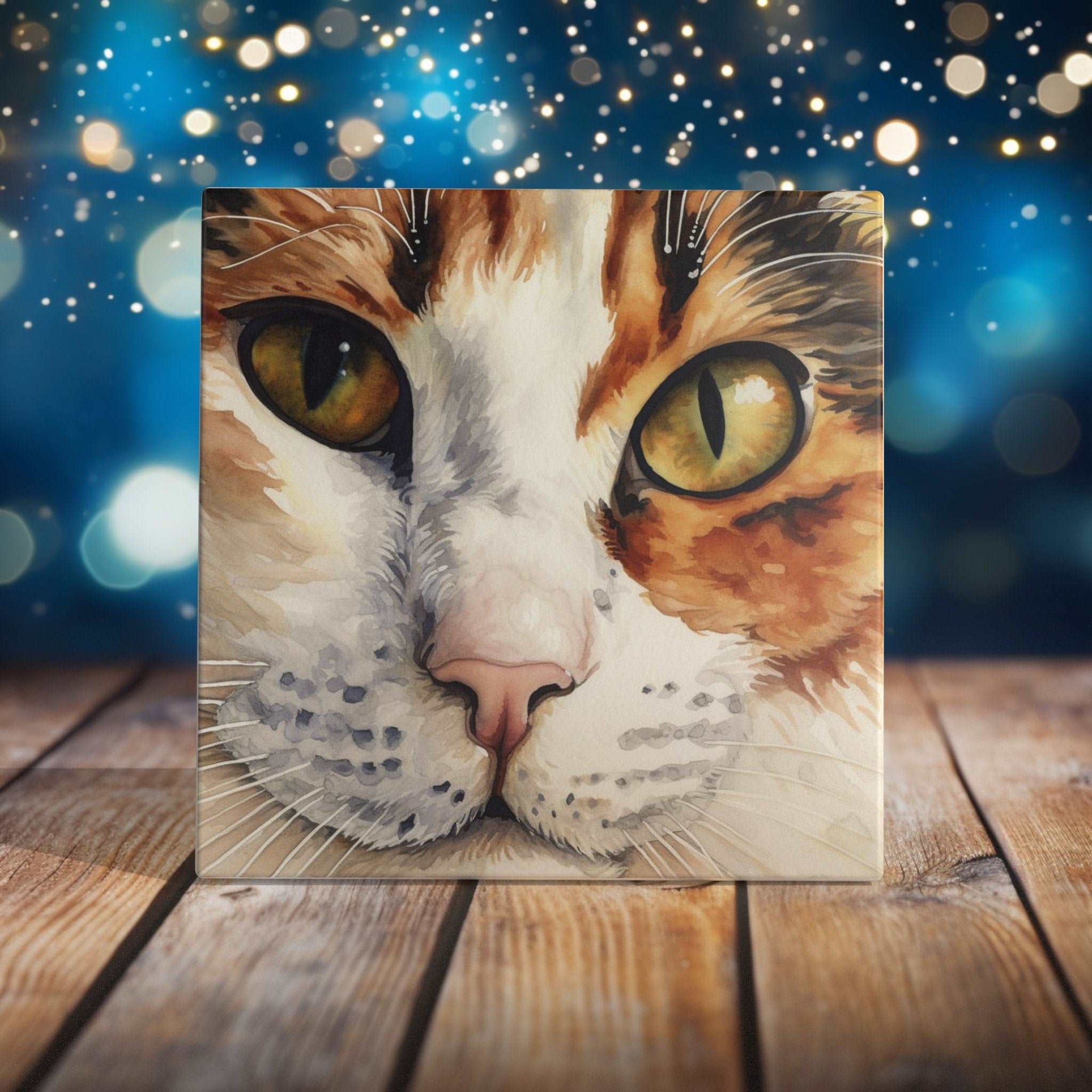 Peeping Tom's Cottage Custom Printed Tile Calico Cat Gaze Art Tile - Exquisite Hand-Painted Watercolor Feline Portrait for Home Decor